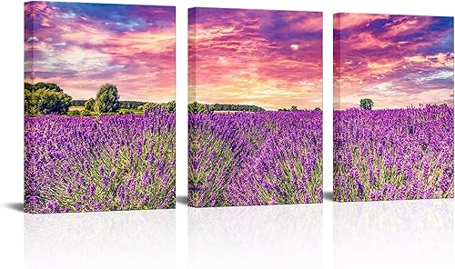 Lienzo de campo de lavanda para pared, diseño de flores moradas, 3 paneles, moderno, campo al atardecer, impresión giclée para sala de estar,