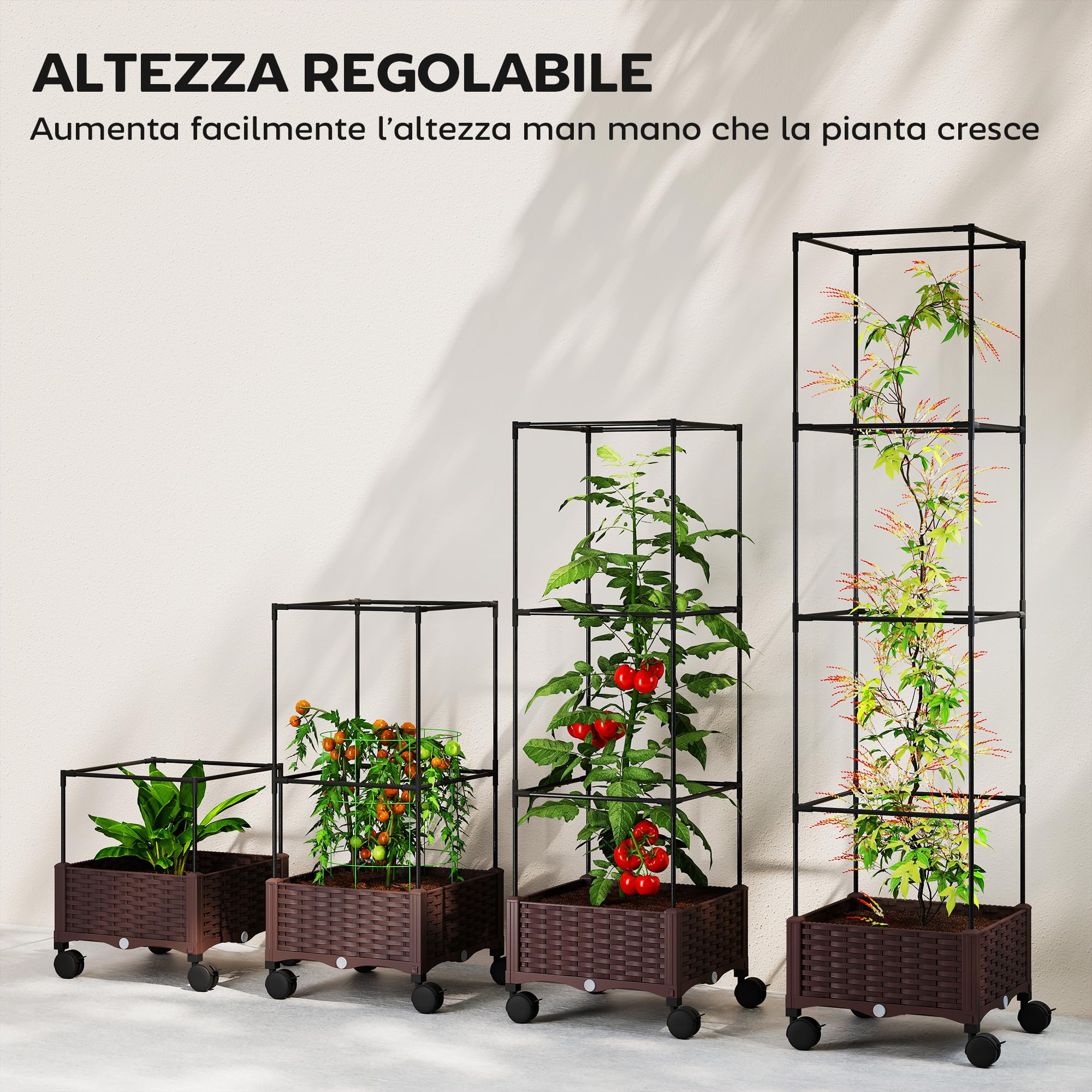 Outsunny Fioriera Rialzata con Traliccio 20L, Letto per Orto Rialzato da Esterno con Ruote Bloccabili, Sistema di Autoirrigazione, Fori di Drenaggio, per Piante Rampicanti, Verdure e Fiori, Marrone