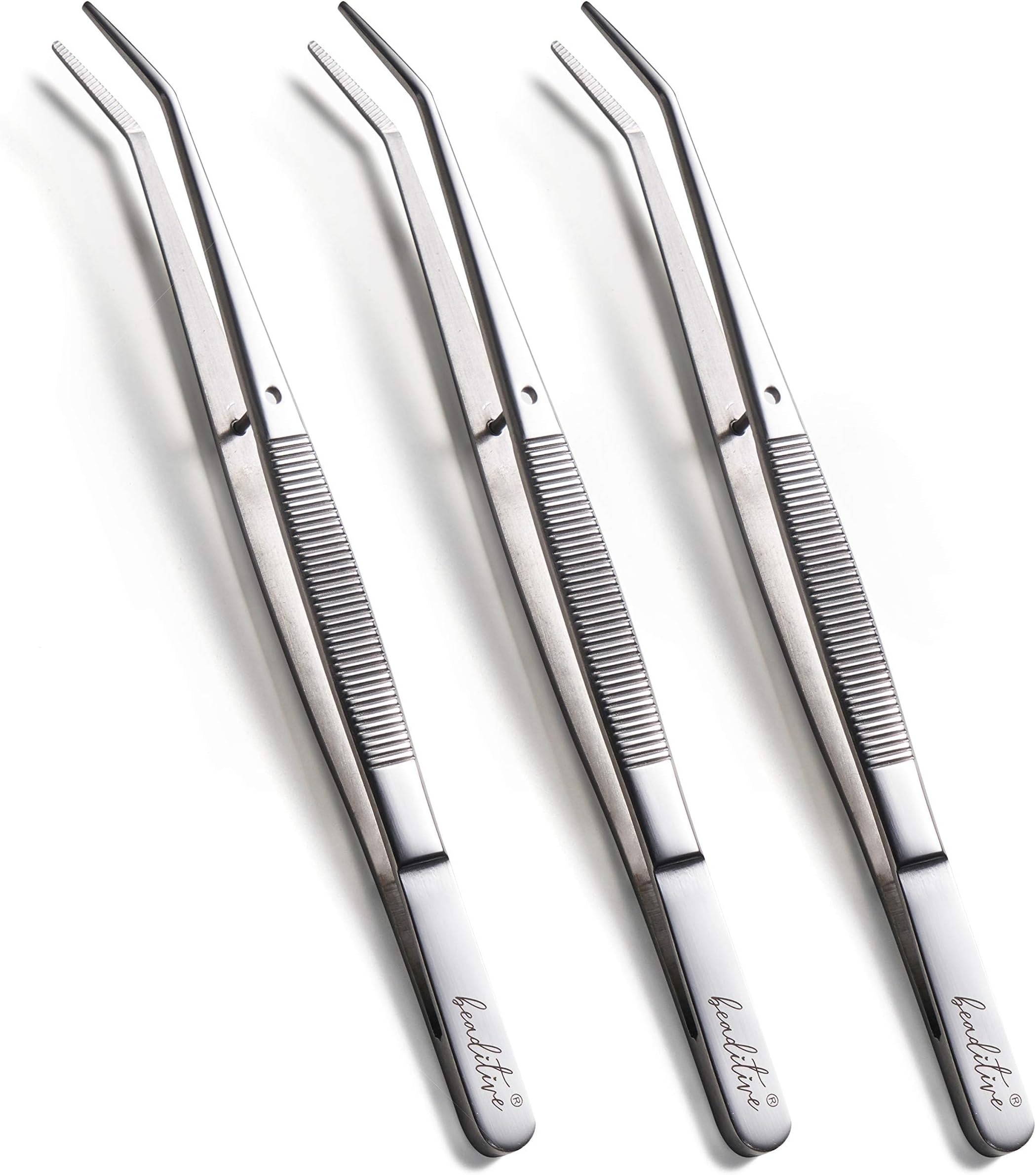 Beaditive 6-inch Sewing Machine Tweezers Set (3-PC) Serrated Bent Tips | Professional Grade, High Precision | Stainless Steel