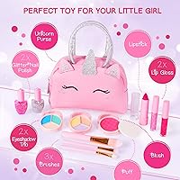 Vista 3 de Kit de maquillaje real para niñas pequeñas: con bolsa de maquillaje de unicornio rosa, juguetes de maquillaje reales, no tóxicos, lavables, regalos