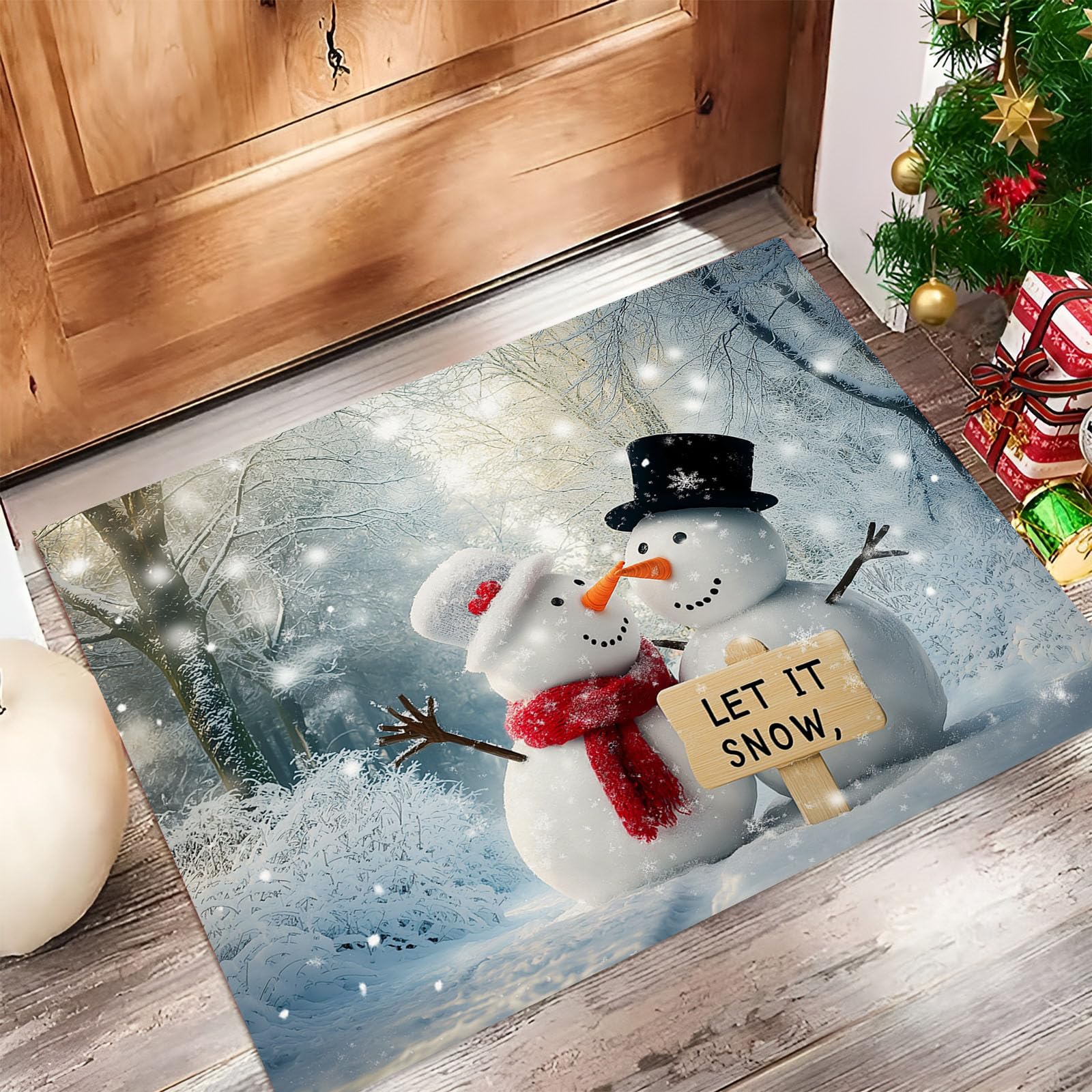 Cadeau décoration Noël : grand tapis entrée motif bonhomme de neige