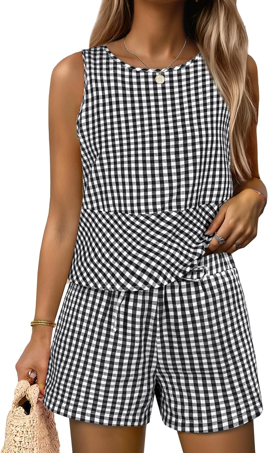 ANRABESS Womens 2 Piece Outfits Striped Summer Casual Sleeveless Tank Top Matching Shorts Lounge Sets Beach Vacation Clothes