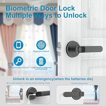 Foxgard Biometric Door Lock with Smart APP Fingerprint Knob Remote Control with APP Smart Door Knob for Home/Bedroom/Office/Apartment/Airbnb Black