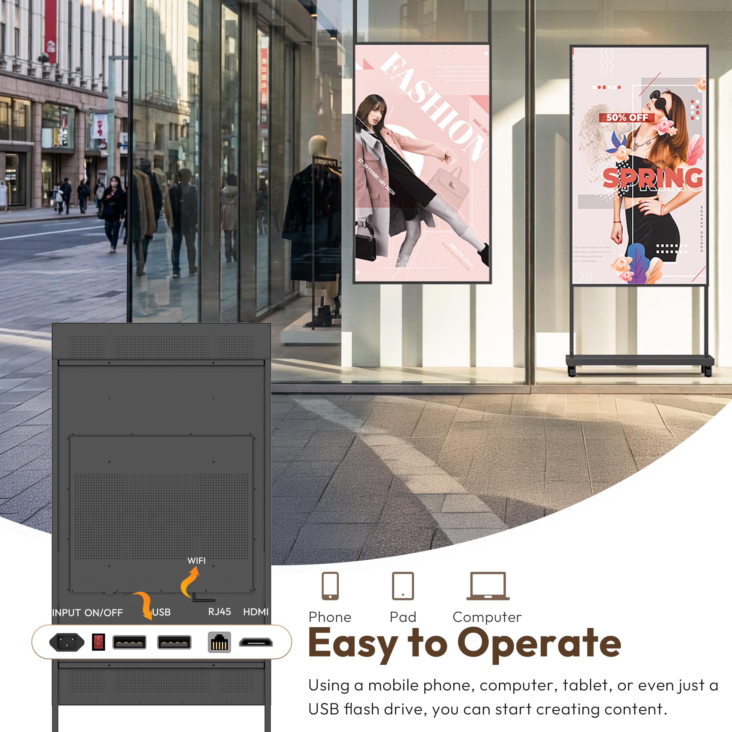 HARZHI 43'' Pantalla para Escaparate Interior, 3000 Nits de Alto Brillo, 2K Cartelería Digital para Escaparates, Control de App/Nube, Pantalla LCD Industrial para Tiendas de Lujo/Ropa, HDMI/USB/WiFi