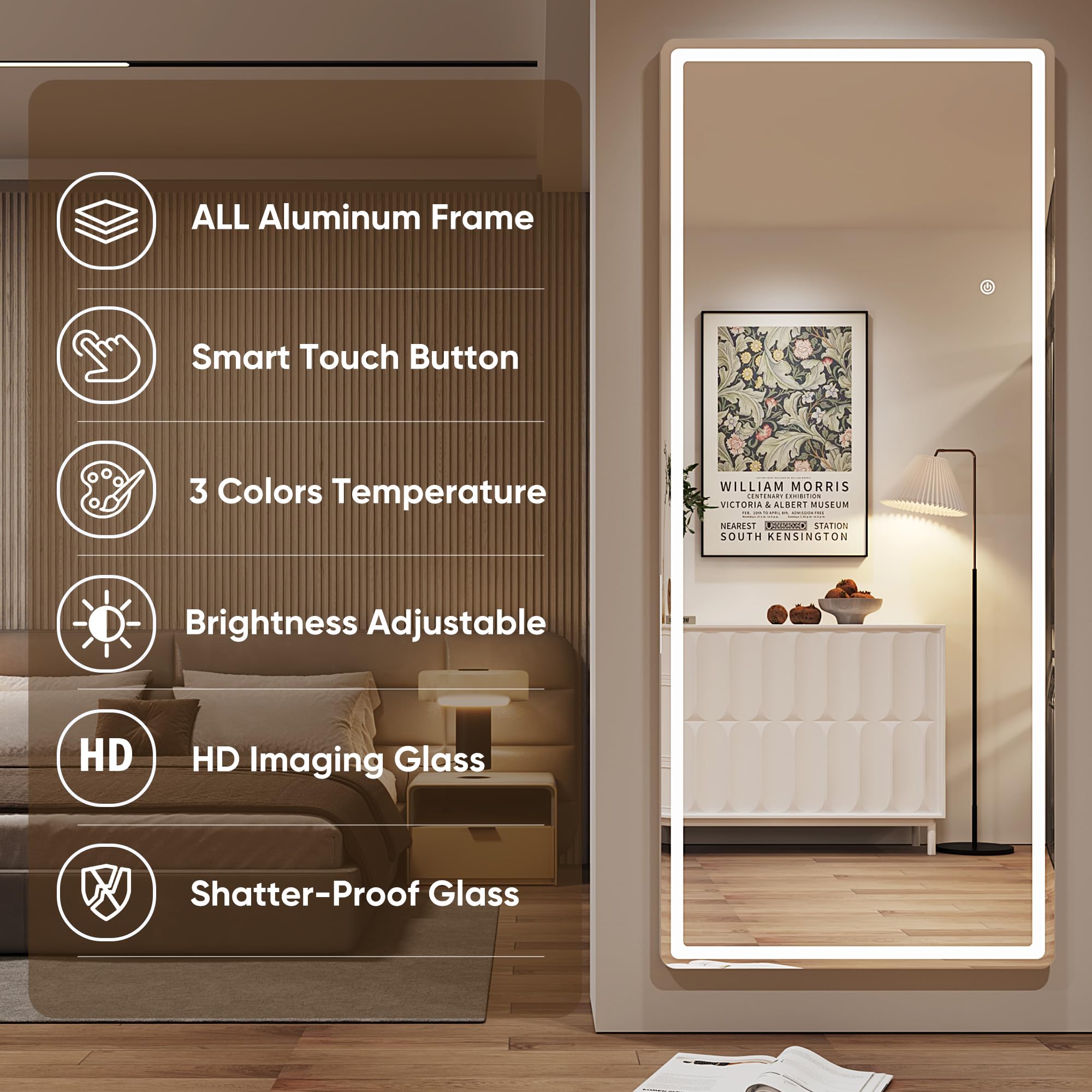 Antok LED Full Length Mirror, 71" x 28" Lighted Floor Standing LED Mirror Full Length,Hanging Mirrors with Stand Free Standing Floor Mirrors for Bedroom (Rect): 71"L x 28"W Rect Style White