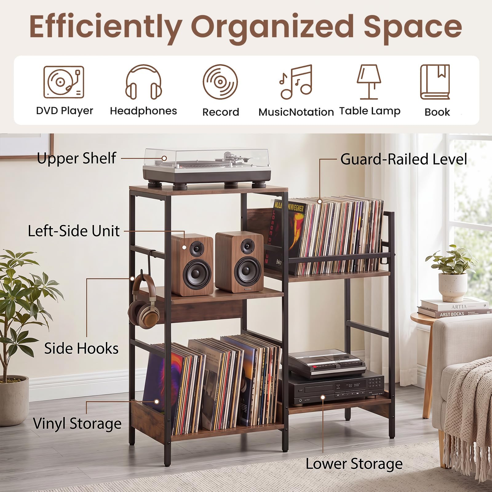 GIANTEX Supporto per Giradischi Multilivello, Mobile Vinili con Stazione di Ricarica, Mobiletto Porta Dischi in Legno con Ganci, Struttura Metallica, per Studio e Soggiorno, 78 x 30 x 78 cm