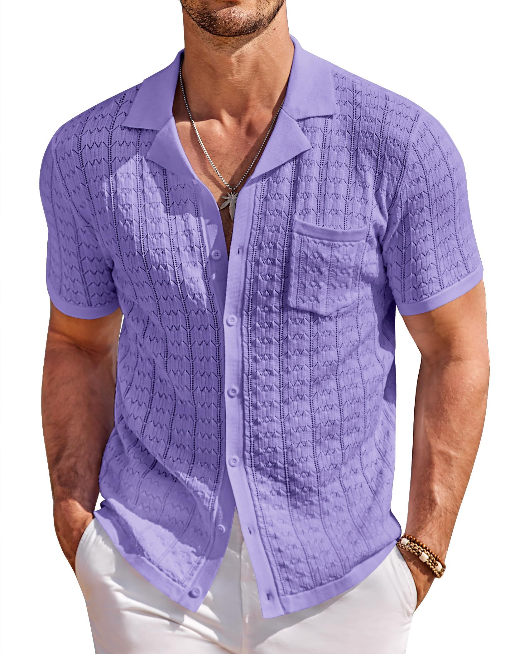 COOFANDY Men's Knit Button Down Shirt Short Sleeve Vintage Polo Shirts Summer Casual Beach Tops