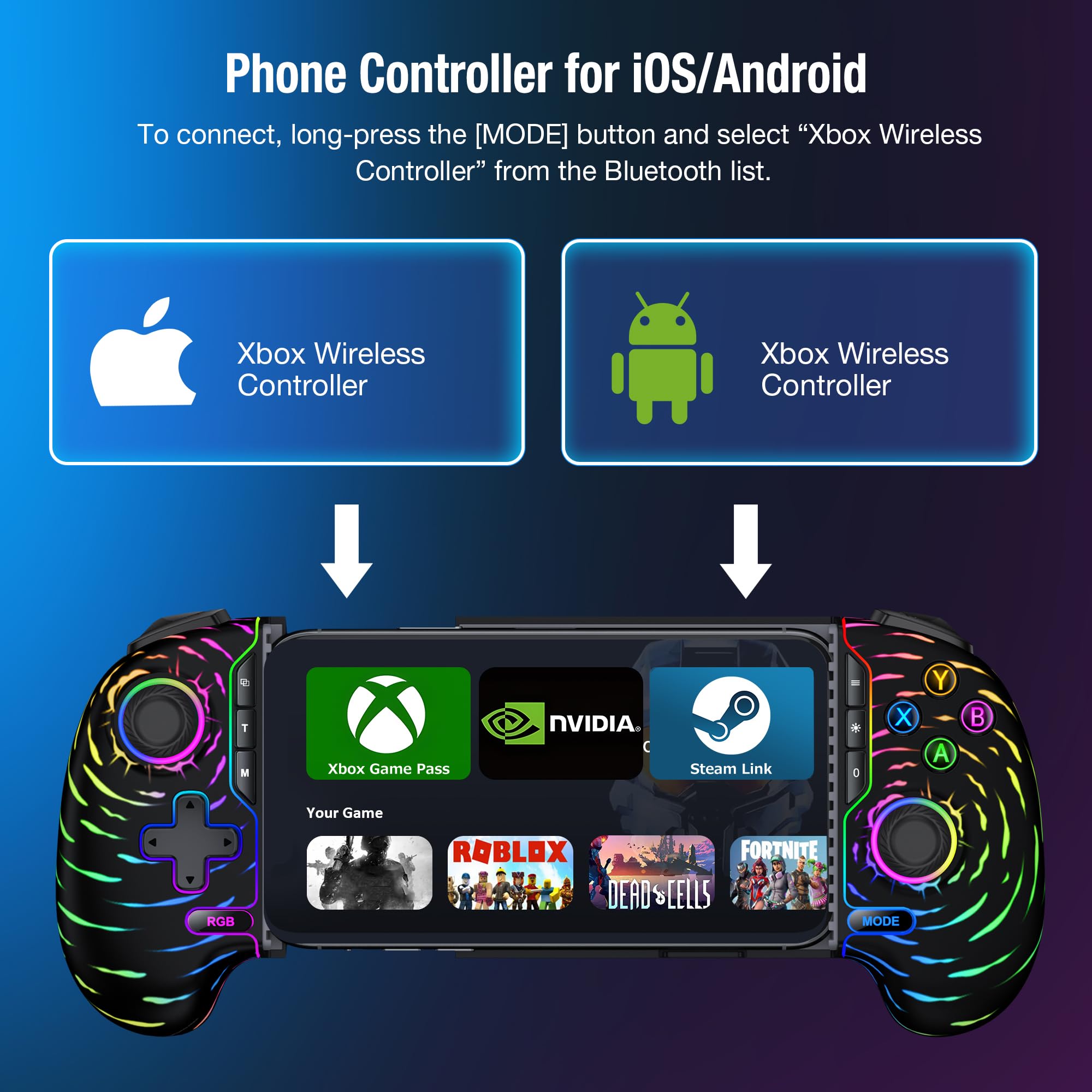 HELLCOOL Wireless Handy Controller, Handheld Smartphone Controller mit Hall Joysticks für Android/iPhone, kompatibel mit Xbox Cloud/Steam Link/GeForce Now/MFi Apple Arcade