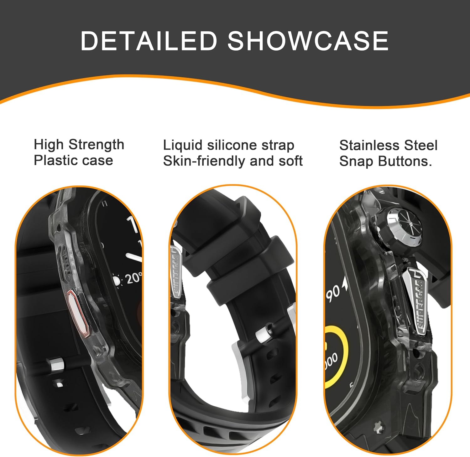 Luxury Translucent Smartwatch Case for Apple Watch Ultra 1/2 49mm,Lightweight Rugged Case with Band, Silicone Strap, Stainless Steel Buttons, Shockproof Protective Cover for Men and Women (Black) image 2