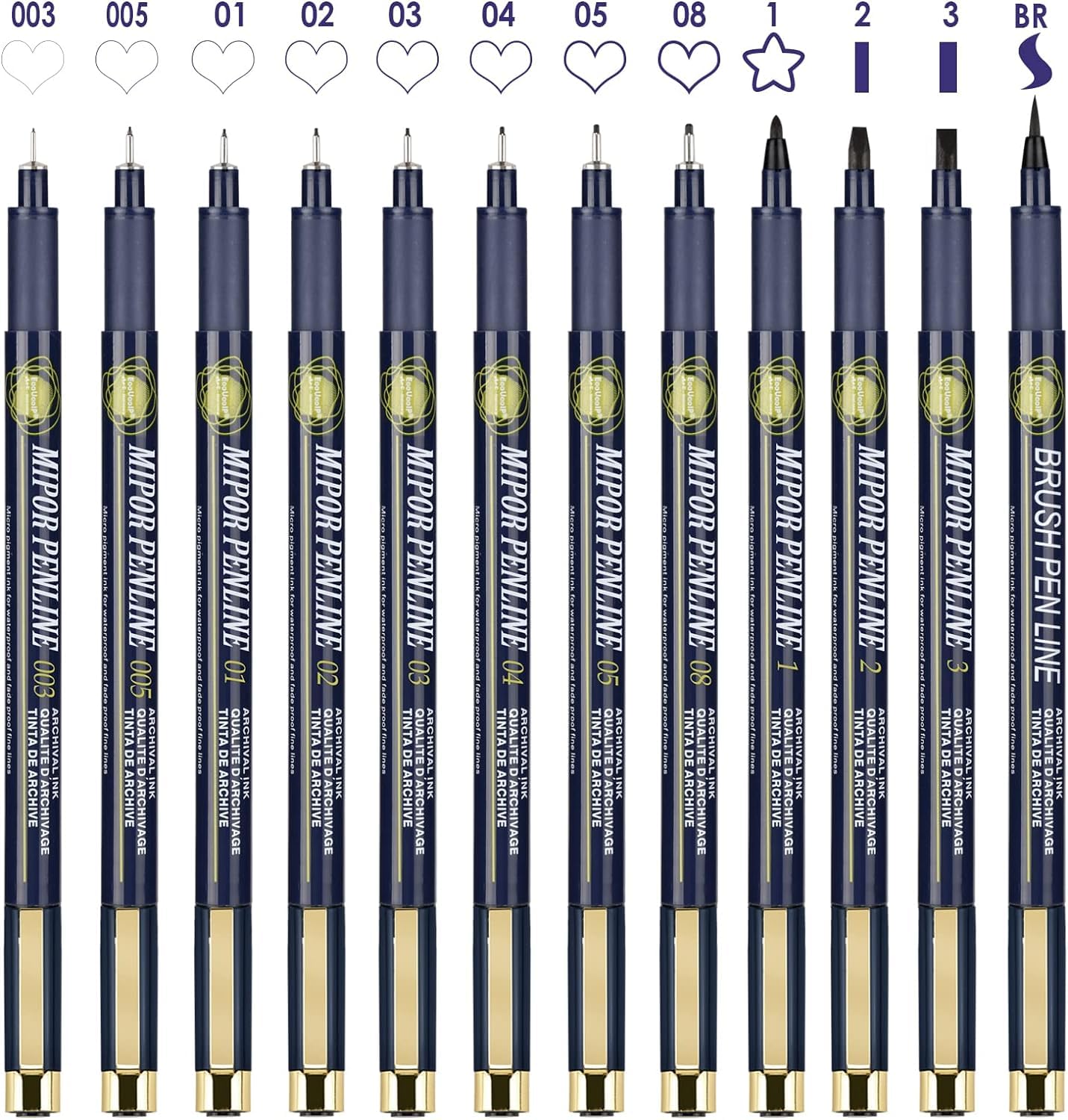 Stylos Fineliner EooUooIP - Pack 12 Pointes Noires (0.03mm à 3mm) Pour Dessin, écriture Précise & Art