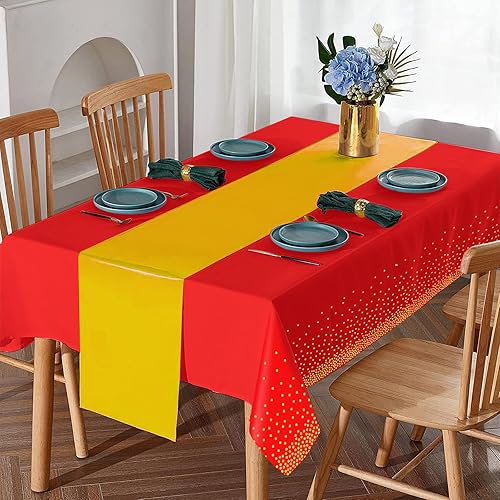 Miniatura 4 de Juego de 8 manteles desechables de plástico para fiestas y camino de mesa de satén rojo y dorado, mantel de satén dorado para bodas, cumpleaños,
