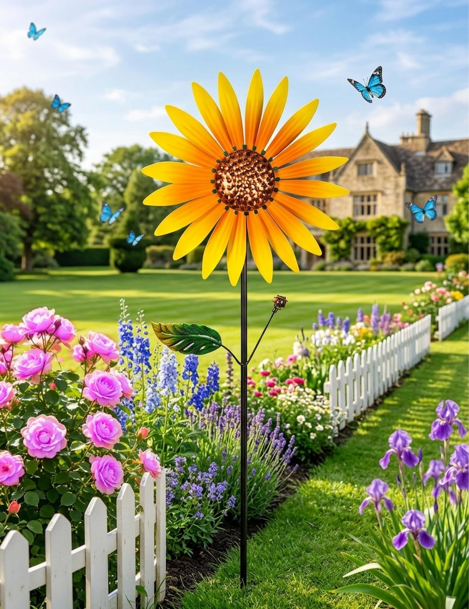 2 Pezzi Girandole da Giardino in Metallo, 160cm Mulino a Vento da Esterno, Scultura Cinetica a Doppia Rotazione - Forma di Girasole