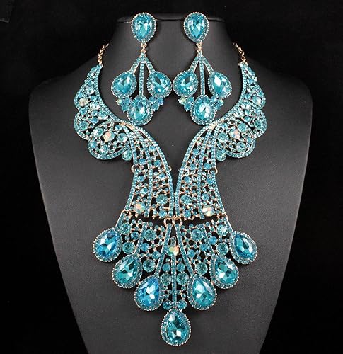 Miniatura 2 de Janefashions Peacock Feather Teal Austrian Rhinestone Crystal Statement Collar Pendientes Set Gargantilla Show Beauty Queen N820t, Cristal