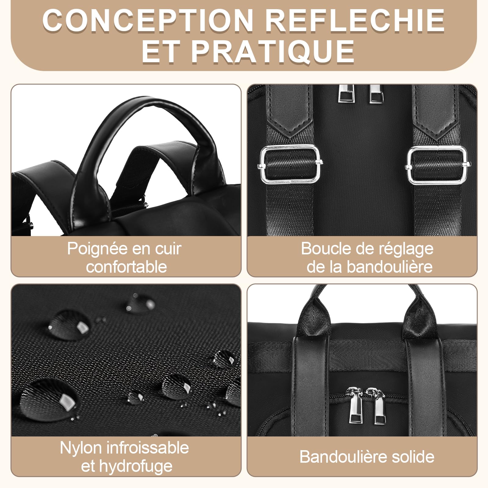 Eshow Sac à Dos Femme Antivol Nylon, Sacs à Main Portés Dos Femme, Petit Sac Bandoulière Fort Backpack Multifonctionnel Casual Léger pour Voyage L'école Travail Université Collège Noir