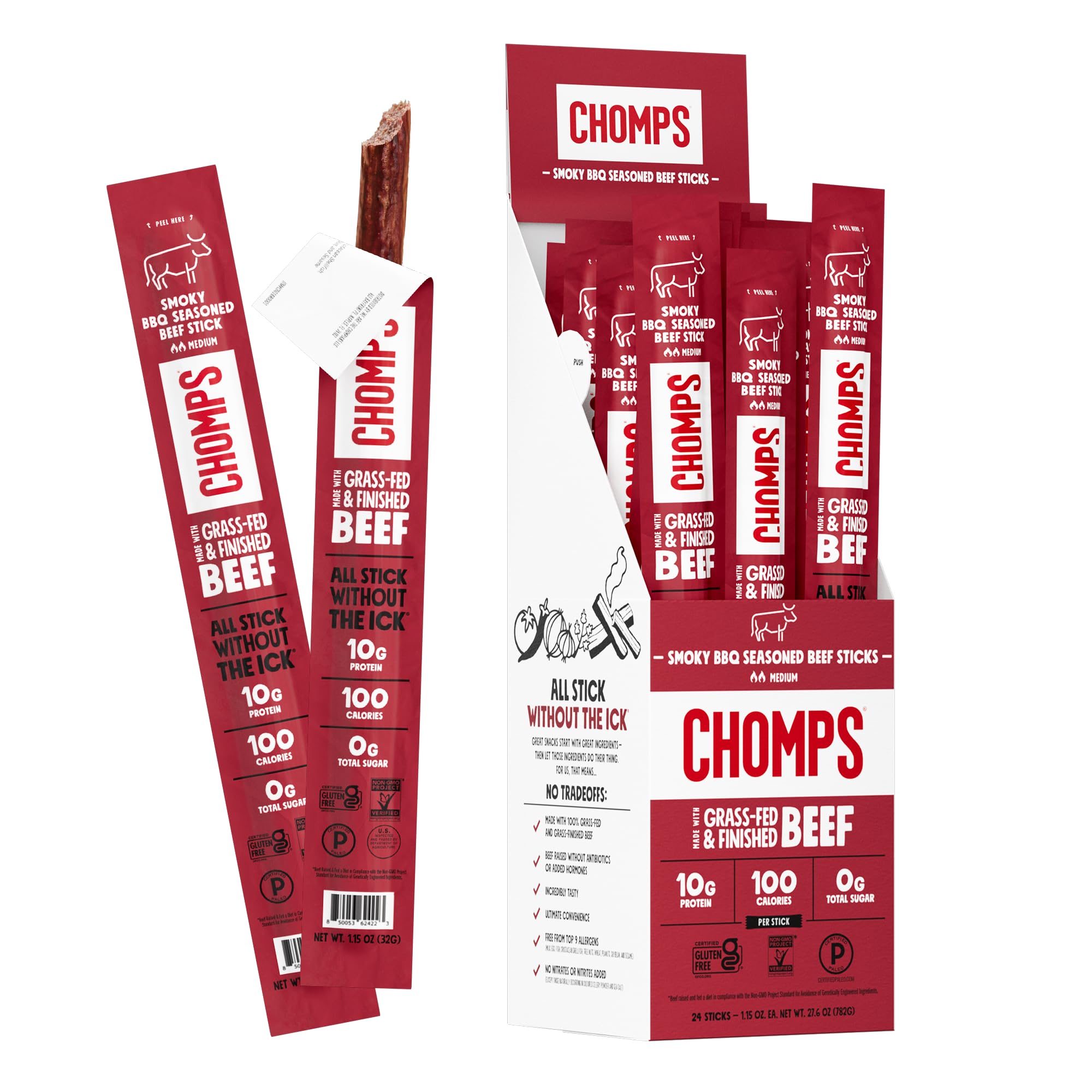 - Chomps Grass-Fed and Finished Smoky BBQ Seasoned Beef Jerky Snack Sticks 24-Pack - Keto, Paleo, Whole30, 10g Lean Meat Protein, Gluten-Free, Zero Sugar Food, Non-GMO