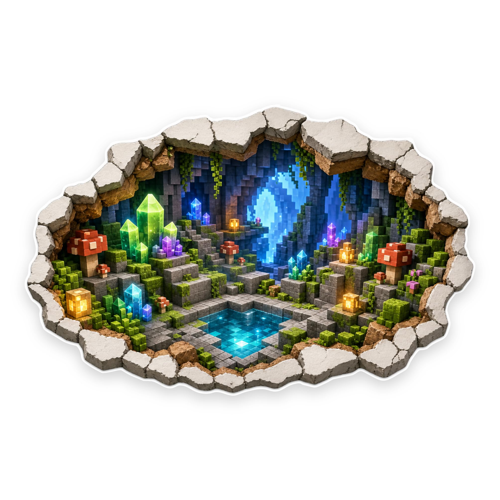 INKati Cube World Voxel Crystal Cave Portal Contour-Cut Vinyl Wall Sticker, 30 x 20 cm - Glossy Cube World Illusion Art Decal for Gamer Bedroom or Playroom