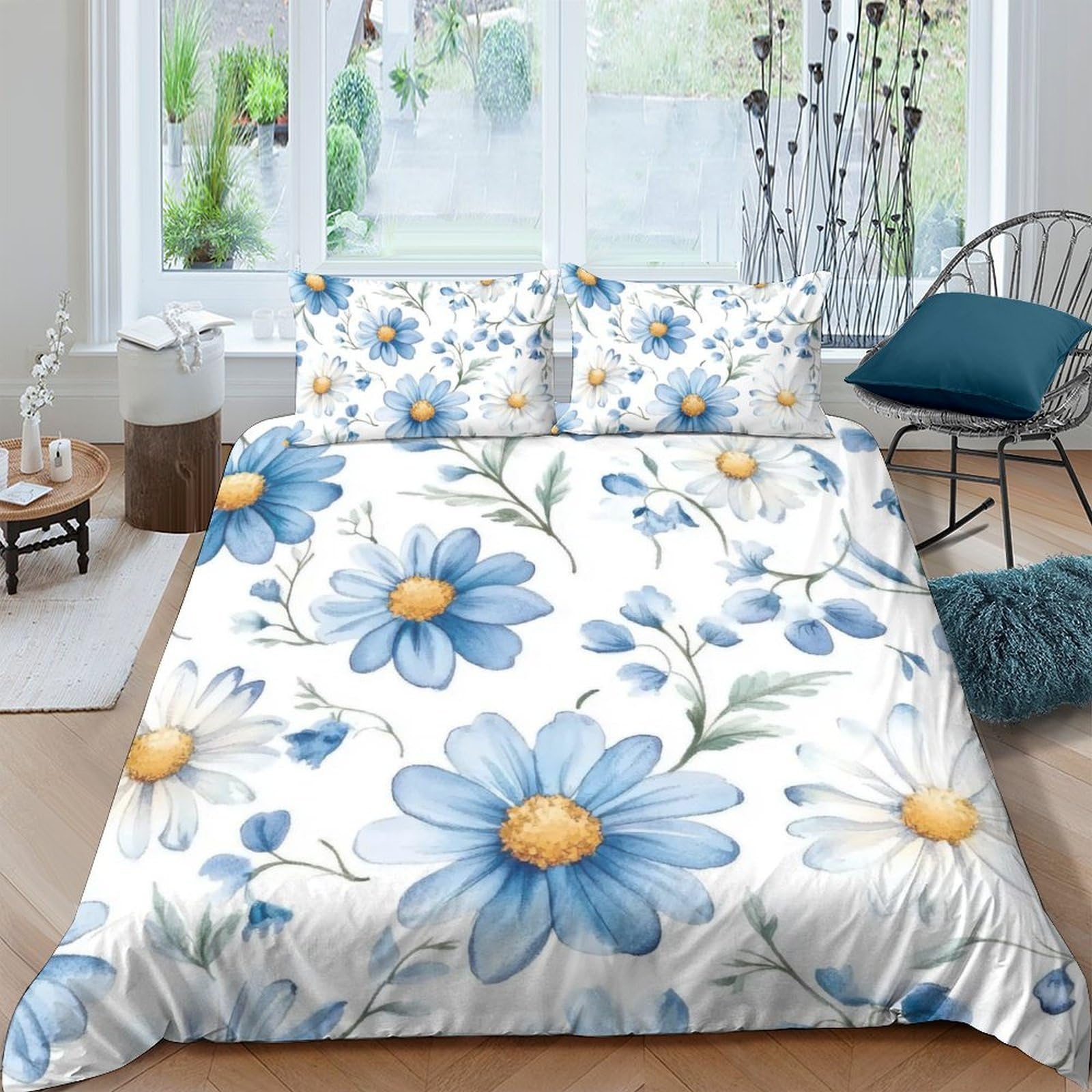 GPLZQXKJNH 3D Printed Blue Daisy Floral Duvet Cover Microfiber Soft Breathable Sunflower Bedding Set with 2 Pillowcases for Bedroom Decor Single（135x200cm）