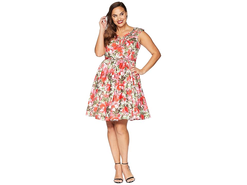 

Unique Vintage Plus Size Olive Swing Dress (White/Pink Floral) Women's Dress