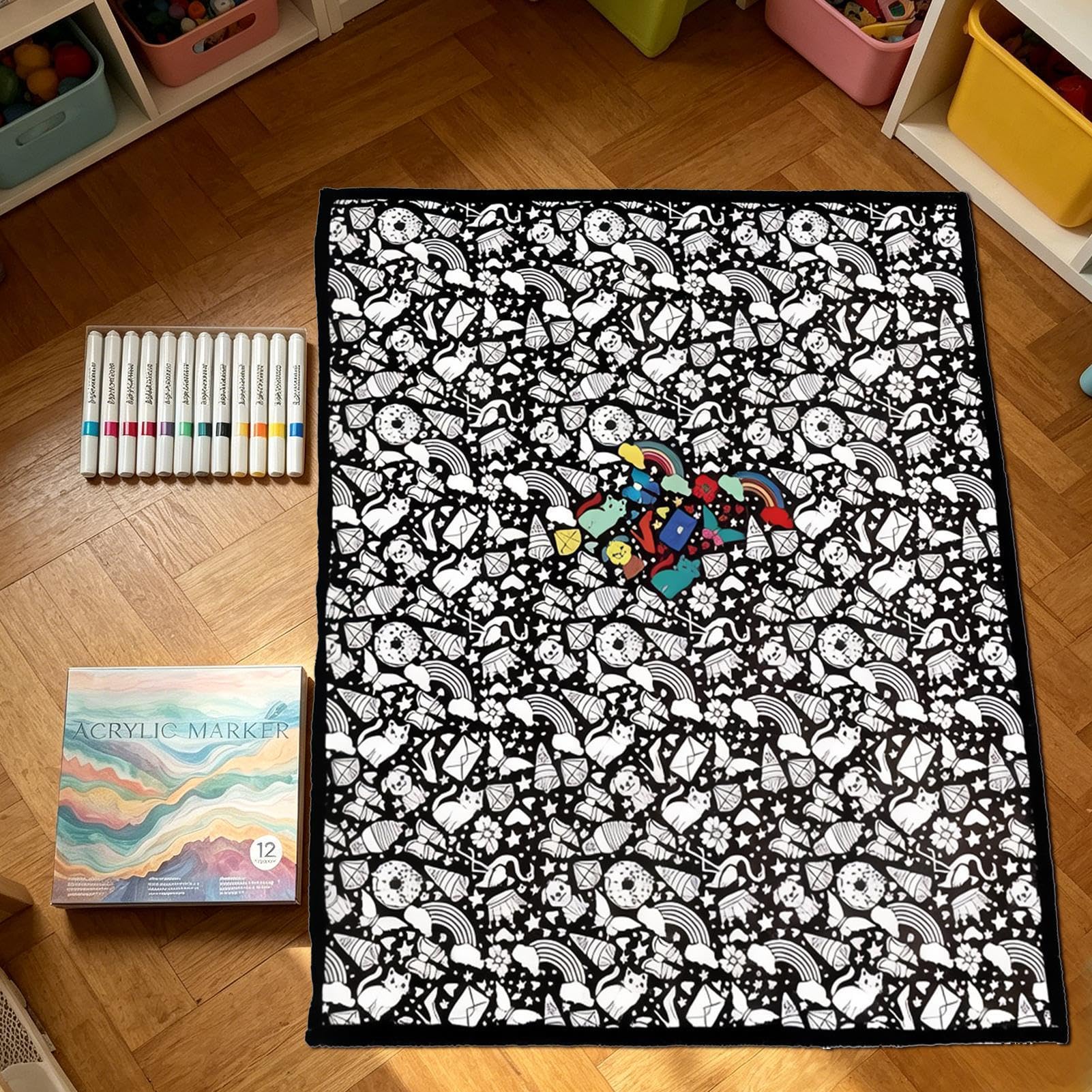 DIY Maldecke Decke Zum Ausmalen Mit 24 Stoffmalstiften | 150 X 115 Cm Samt + Polyester,Wiederverwendbare Decke Zum Bemalen Erwachsene | Für Couch, Sofa, Sessel
