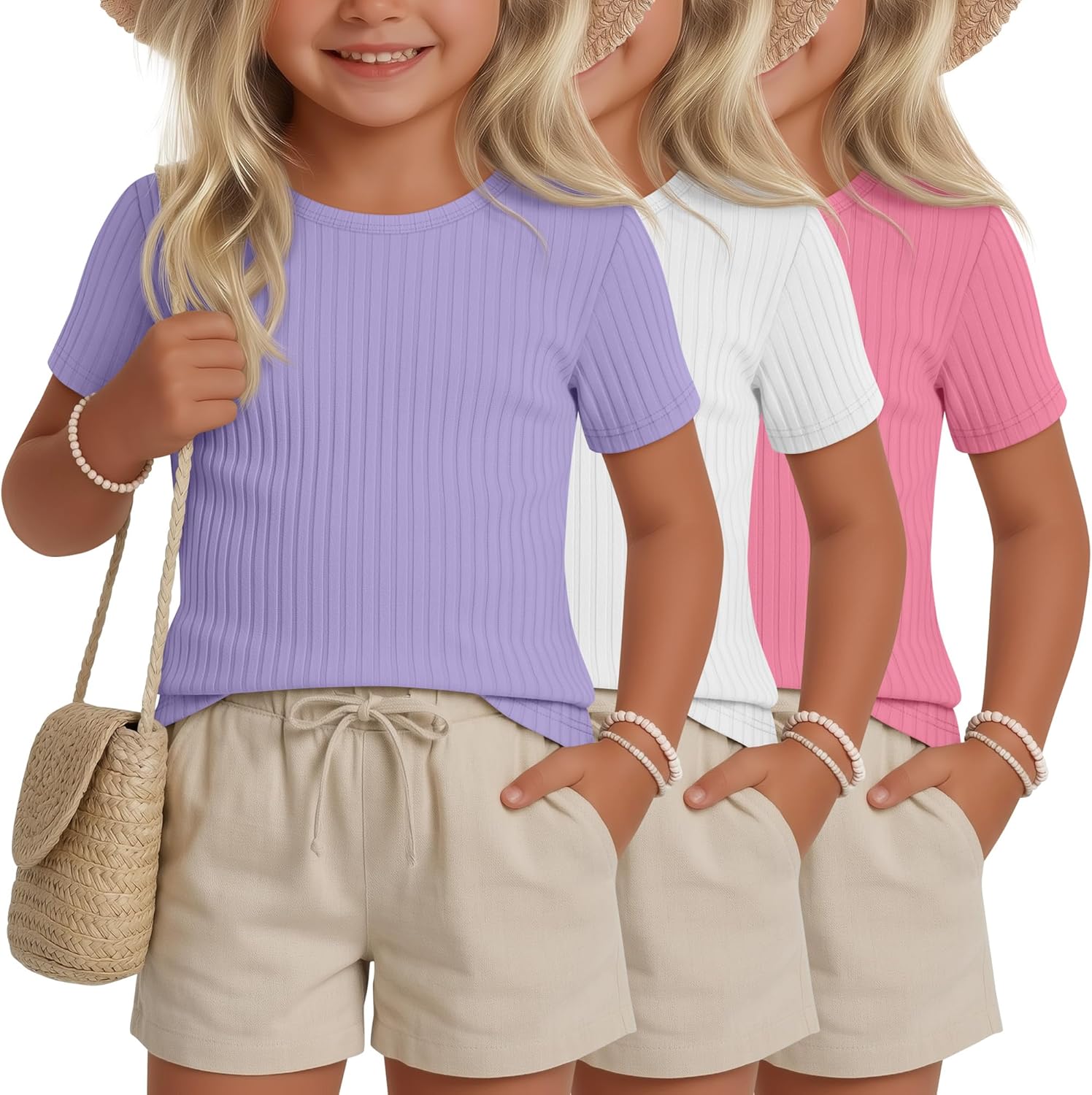 3 Pcs Toddler Girls Shirts 90% Cotton Ribbed Crew Neck Short Sleeve Fitted Tops Basic Casual Cute Tee