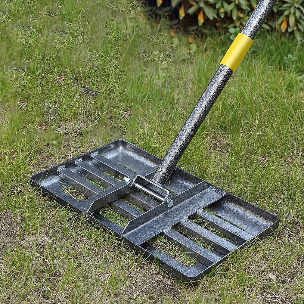 Rastrello livellatore per prato, rastrello regolabile con manico lungo da 1,8 m, nero, resistente, manico in acciaio inox da 2,5 cm di diametro, strumento livellatore per prato, terreno, erba, campo