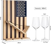 Vista 6 de The Wine Savant Estante para vinos montado en la pared con la bandera estadounidense, hermoso soporte para botellas y vino y 2 vasos patrióticos