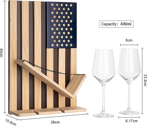 Miniatura 6 de The Wine Savant Estante para vinos montado en la pared con la bandera estadounidense, hermoso soporte para botellas y vino y 2 vasos patrióticos