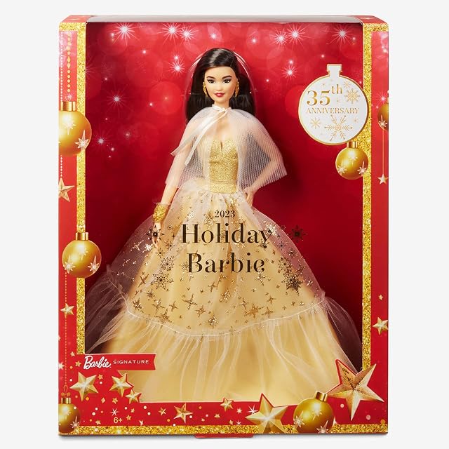 Foto 4 de 5 de Barbie Signature Navidad Muñeca asiática de colección de Juguete con Vestido de Gala Dorado