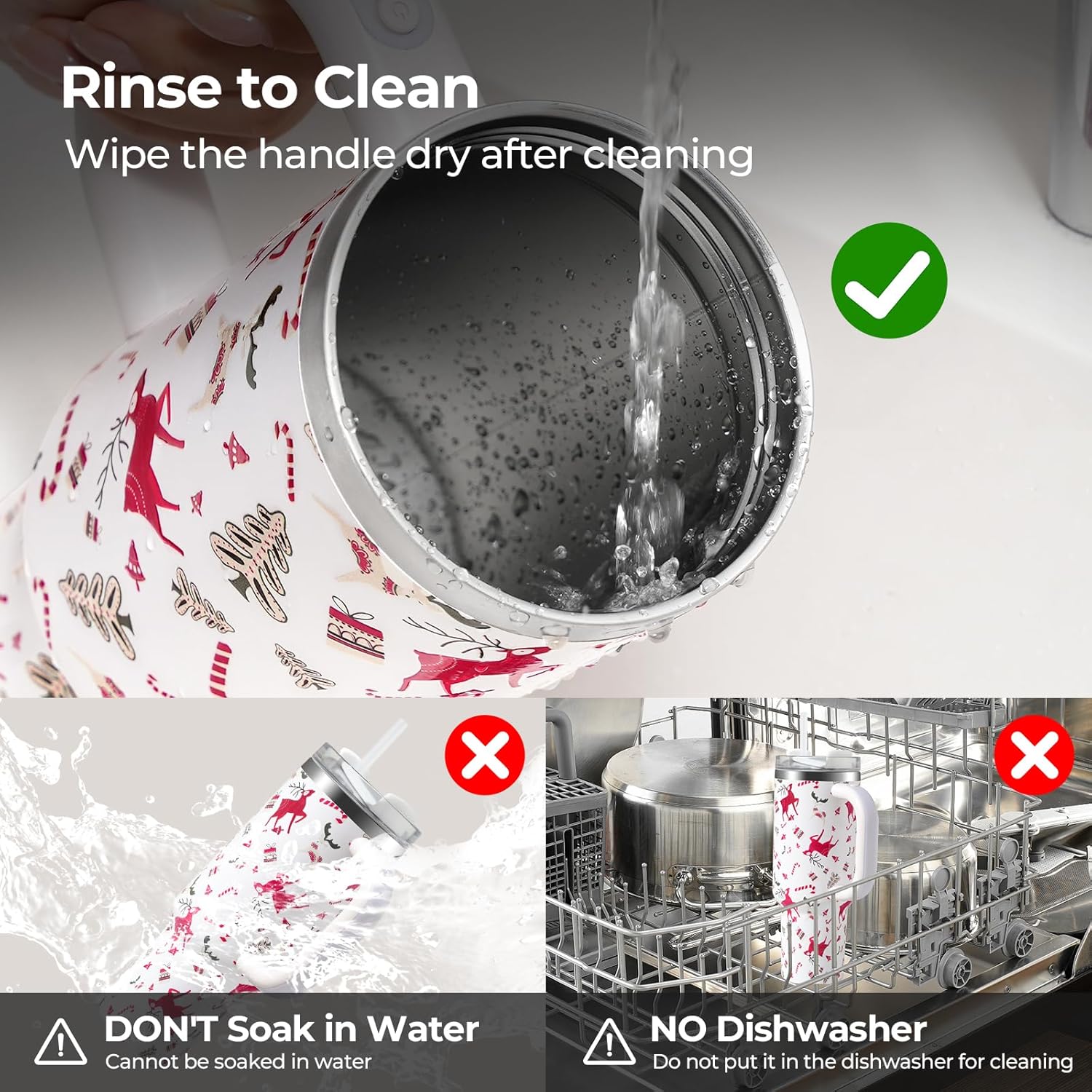 40oz Christmas Tumbler with Rechargeable LED Light-Up Handle - Stainless Steel Vacuum Insulated Cup with Lid & Straw - Ideal for Water, Iced Tea, Coffee - Christmas Gift (Reindeer) - Image 6