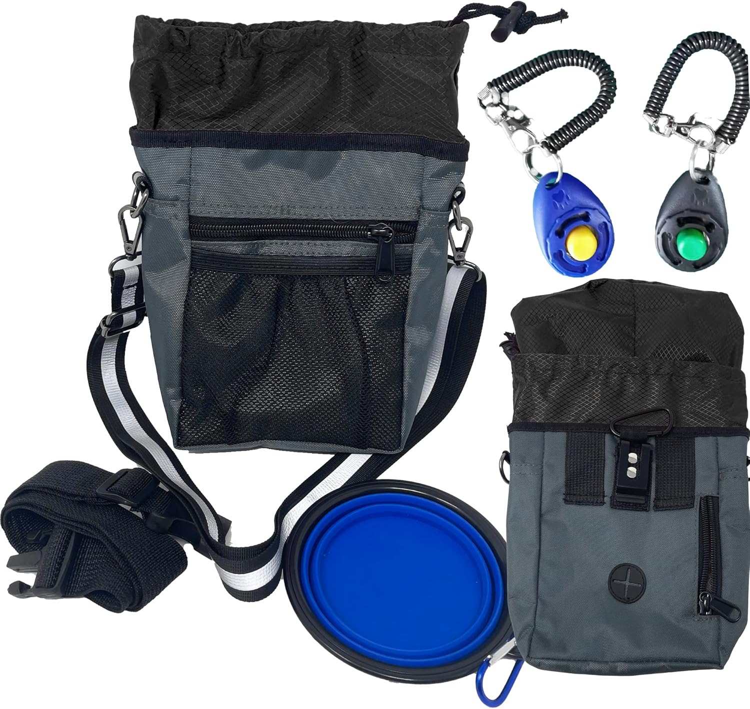 Jalousie Dog Training Pouch with Training Clicker and Water Bowl – 5 Ways to Wear – Carry Toys, Treats for Positive Reinforcement – Built-in Poop Bag Dispenser (Grey) Jalousie Dog Training Pouch with Training Clicker and Water Bowl – 5 Ways to Wear – Carry Toys, Treats for Positive Reinforcement – Built-in Poop Bag Dispenser (Grey)