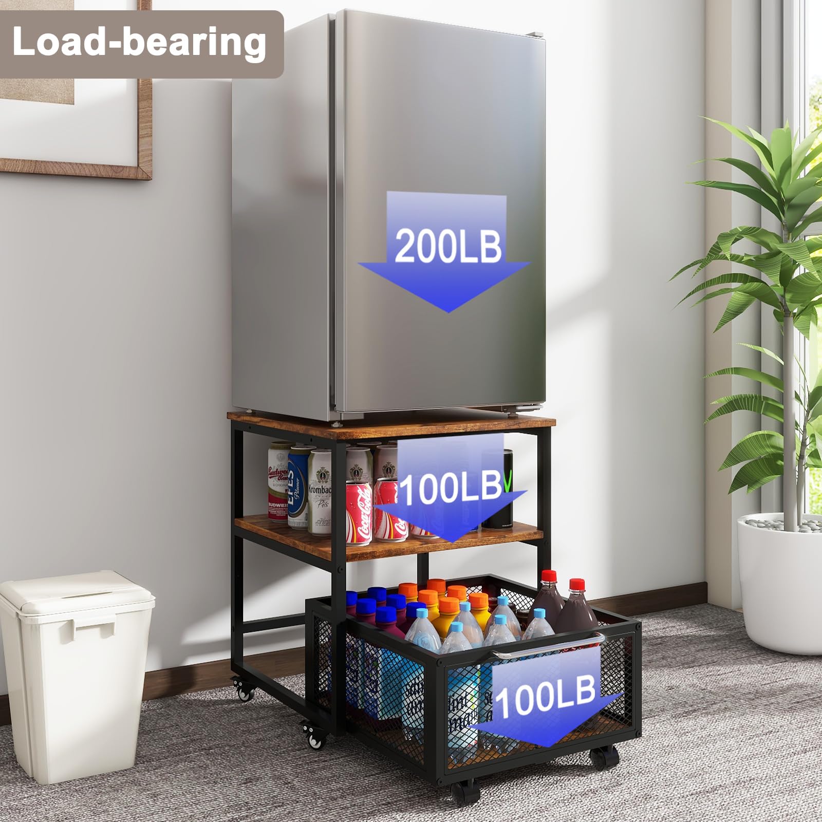 Mini soporte para refrigerador de 19.7 x 19.7 pulgadas con almacenamiento y ruedas, mini refrigerador resistente con mesa de estante ajustable, soporte para refrigerador para cafetería 3