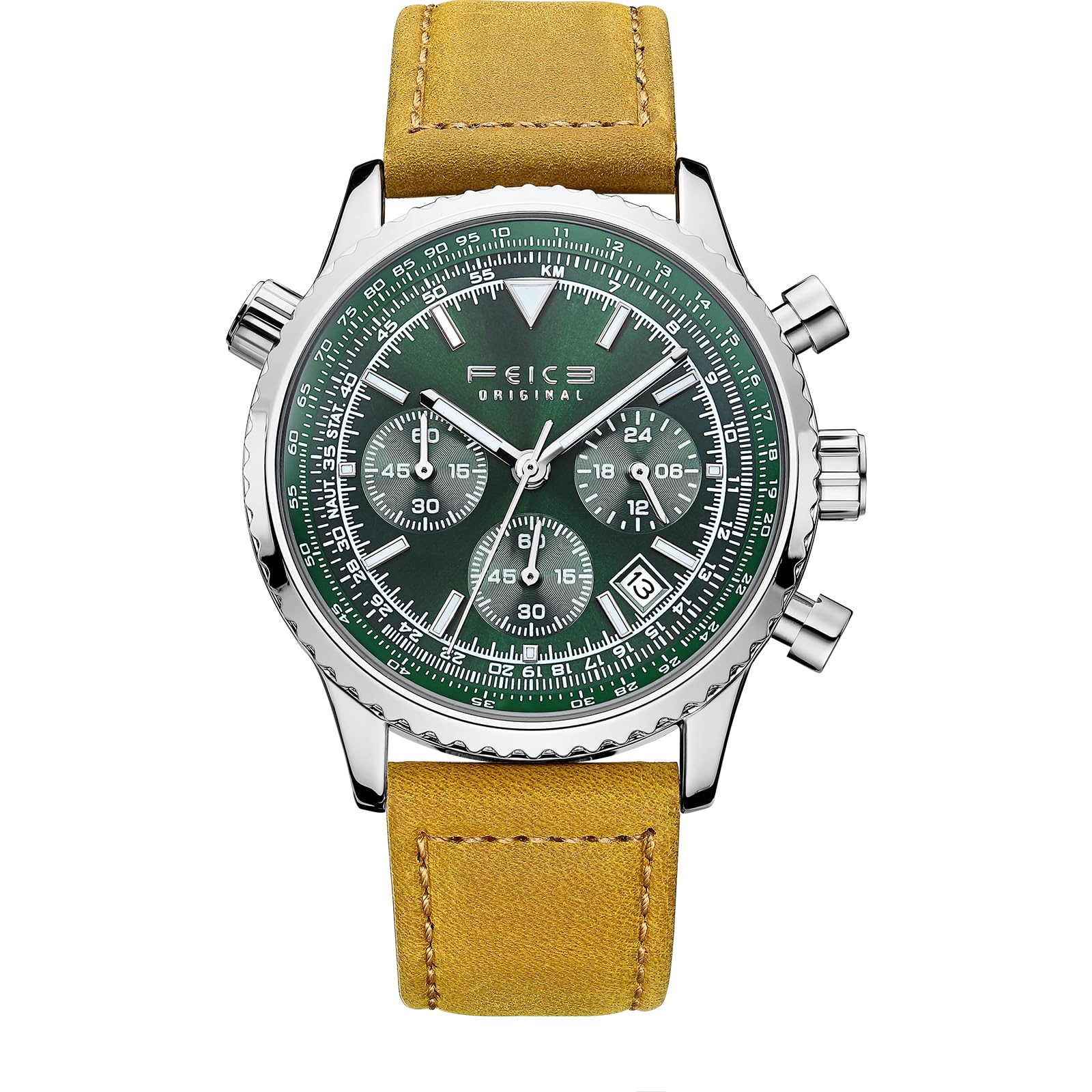 - Watch for Men Classic Fashion Elegant Chronograph 3ATM Waterproof Watch Casual Sport Leather Band Mens Watches Multifunctional Vintage Green Dial Watches, FK812 Green