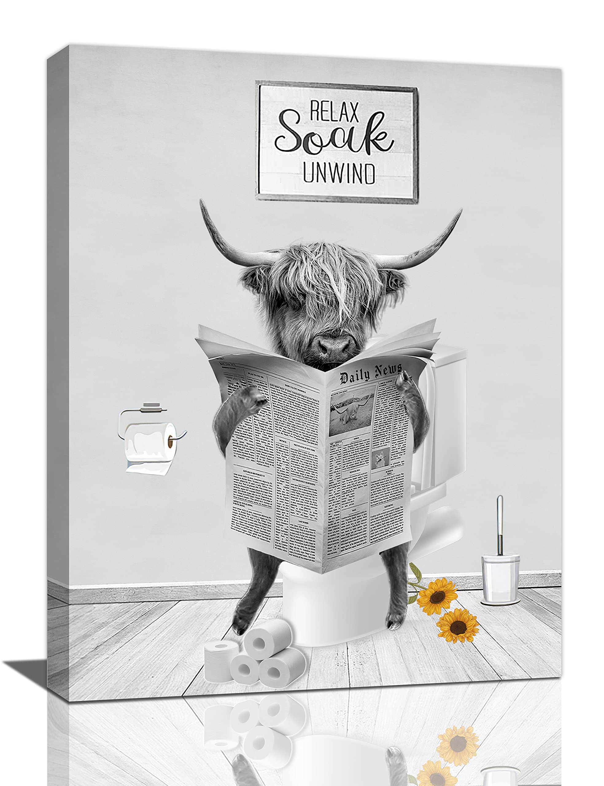 Xgidkew Toilet Cow Farmhouse Highland Cow Bathroom Wall Art Funny Highland Cattle Bathroom Pictures Wall Decor Cow On Toilet Relax Soak Unwind Animal Bathroom Sign Canvas Painting Print Artworks Framed Toilet 12"X16"