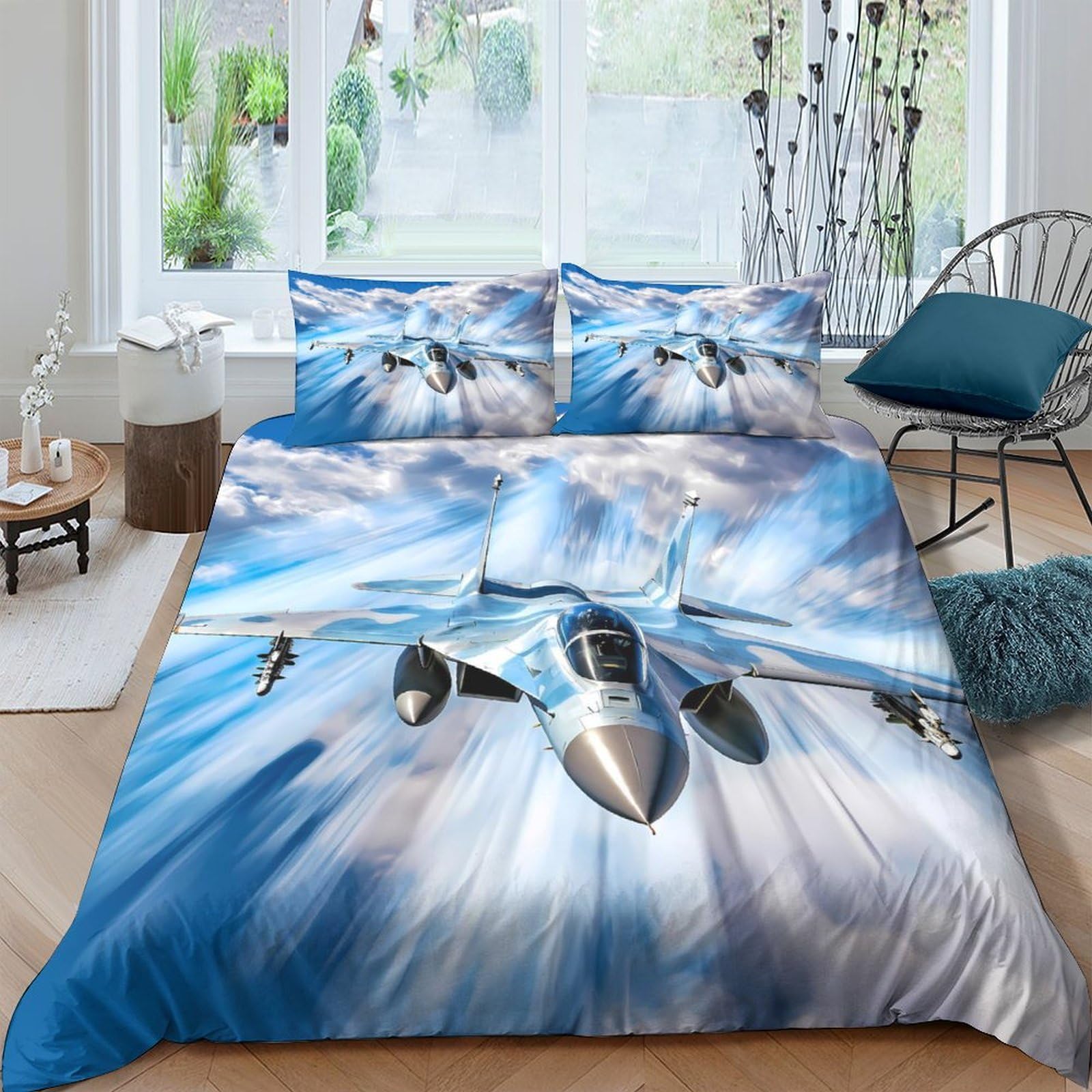 GPLZQXKJNH 3D Printed Fighter Jet Sky Duvet Cover Set Microfiber Soft Breathable Blue Aircraft Bedding Set with 2 Pillowcases for Bedroom Single（135x200cm）