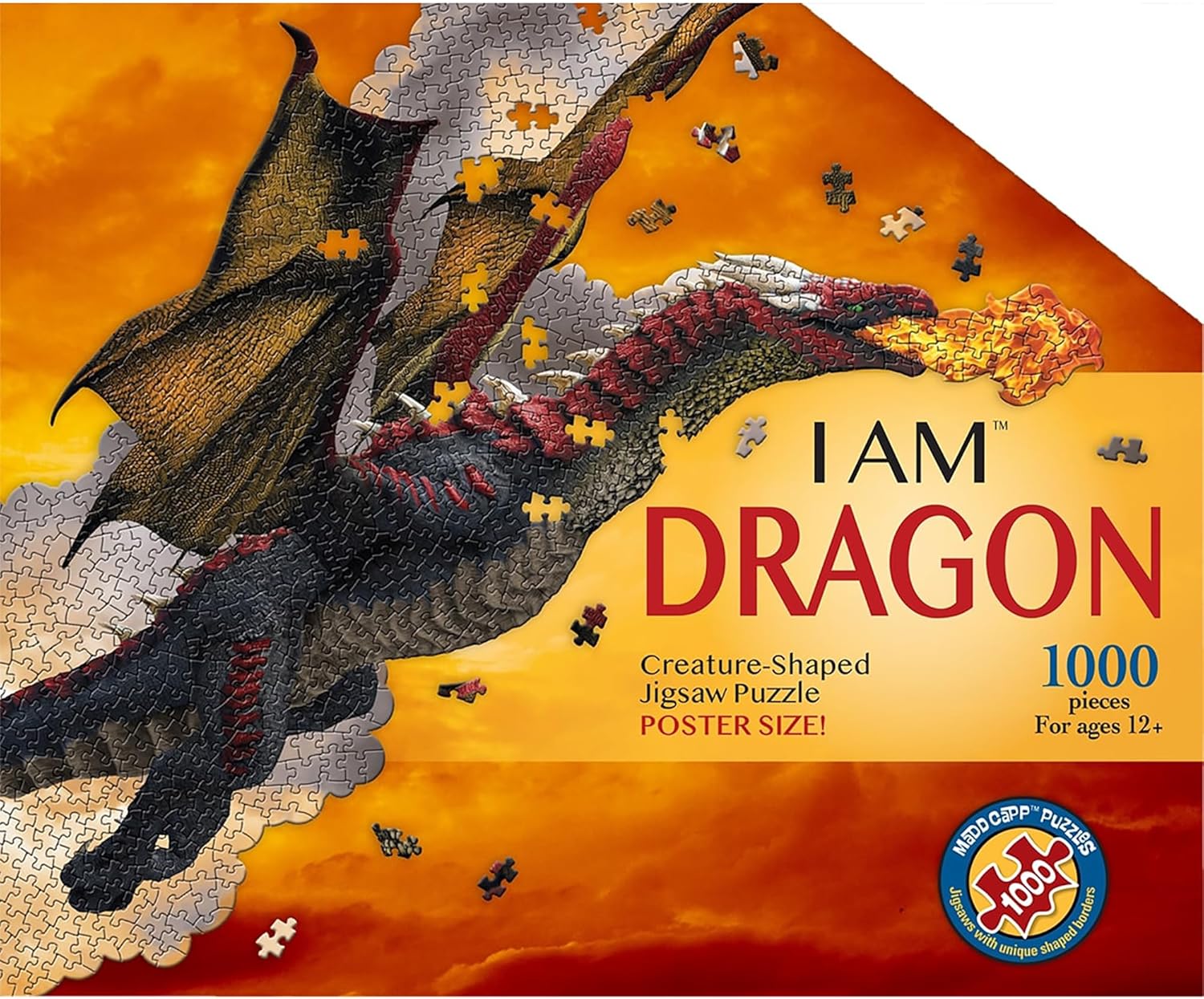 Madd Capp: I Am Dragon - 1000 Piece Dragon Shaped Jigsaw Puzzle, 41x20 Finished Size, Includes Educational Fun Fact Booklet, Fantasy Puzzle