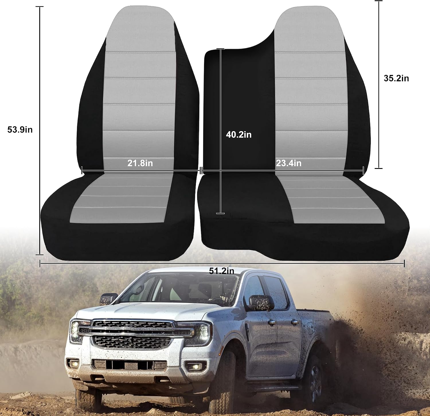 Oxford Cloth Seat Covers for Ford Ranger 1998 1999 2000 2001 2002 2003 Fits 60-40 Bench Highback Seat, Waterproof & Durable Truck Pickup Seat Protectors-Gray
