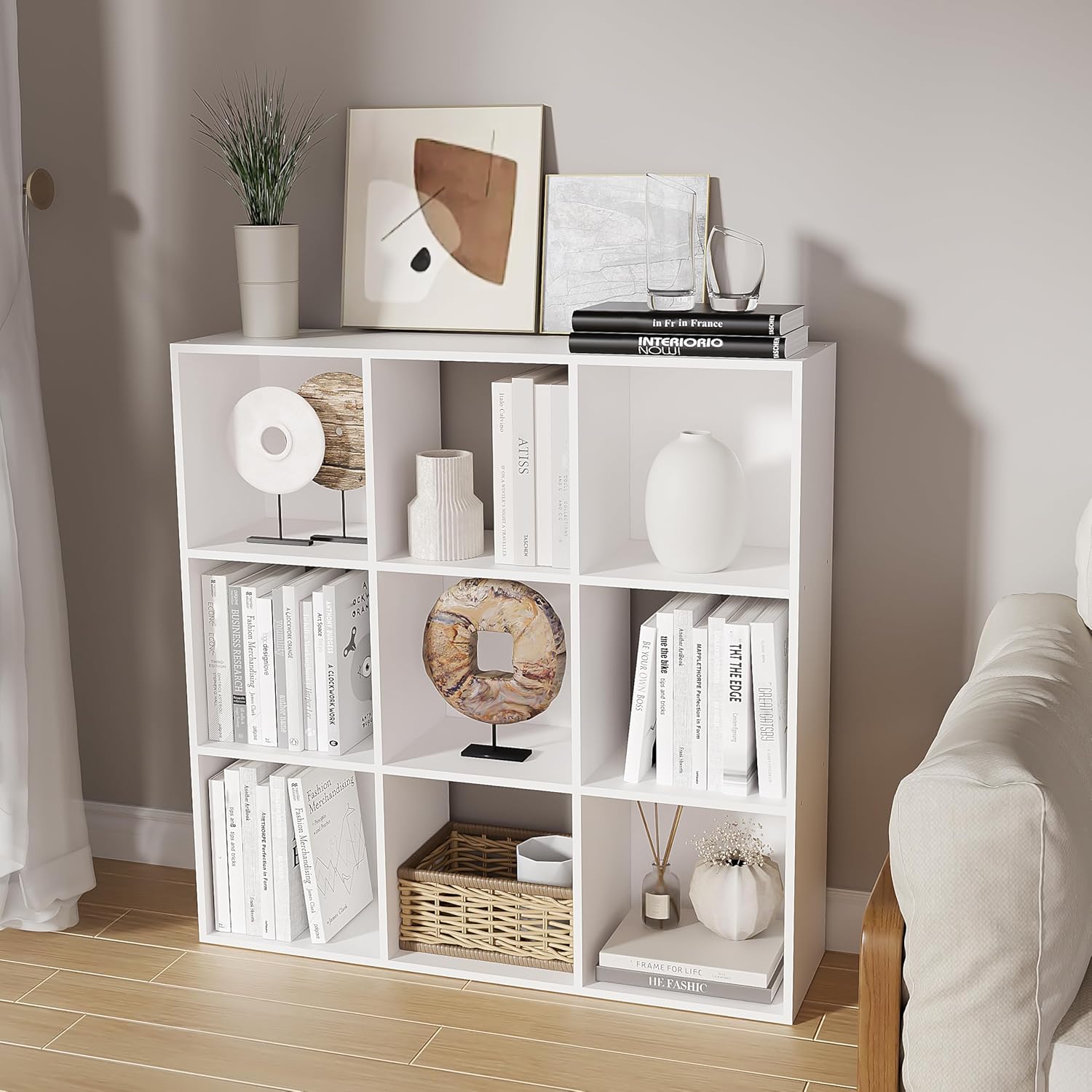 Cube Storage Organizer,Wood Organizer with Open Back,3 Tier Bookcase,Open Bookshelf for Home Office Living Room (White, 9-Cube)