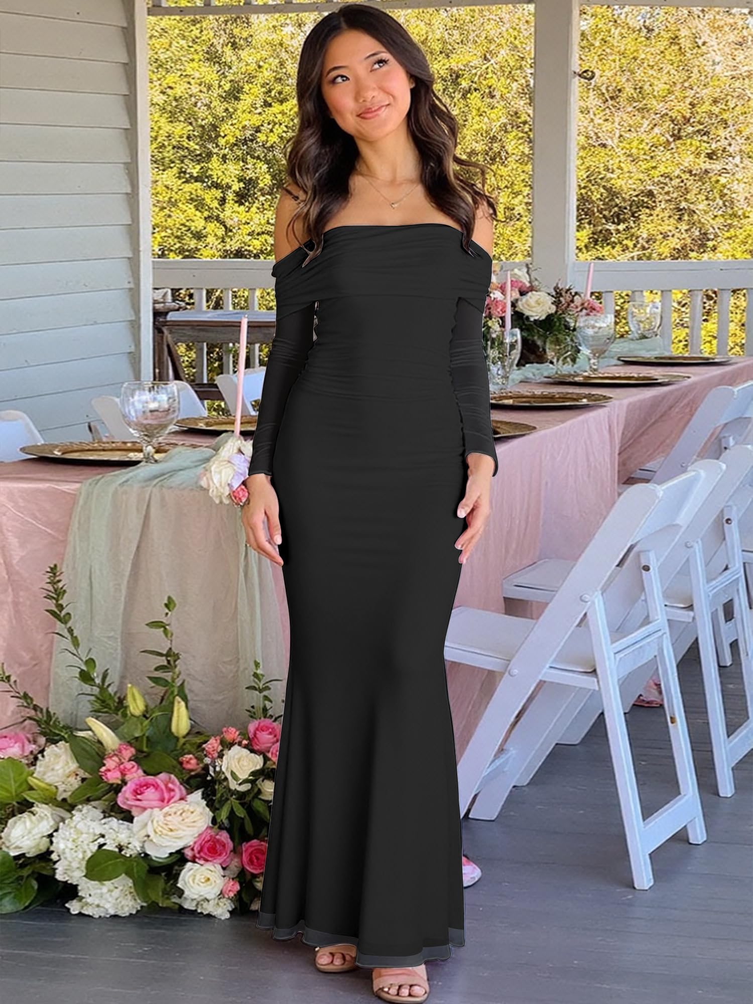 BORIFLORS Women's Elegant Off The Shoulder Bodycon Long Sleeve Maxi Dress Mesh Cocktail Party Wedding Guest Formal Dresses