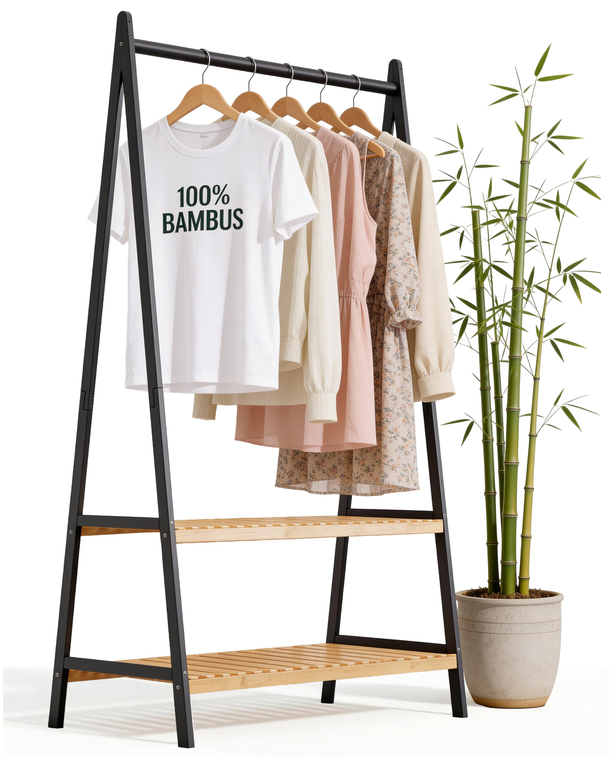 Kleiderständer mit 2 Ablagen, Bambus schwarz, Garderobenständer mit stabiler Kleiderstange, Holz Garderobe mit Schuhregal, für Flur, Schlafzimmer, offener Kleiderschrank, 160 x 80 x 44 cm