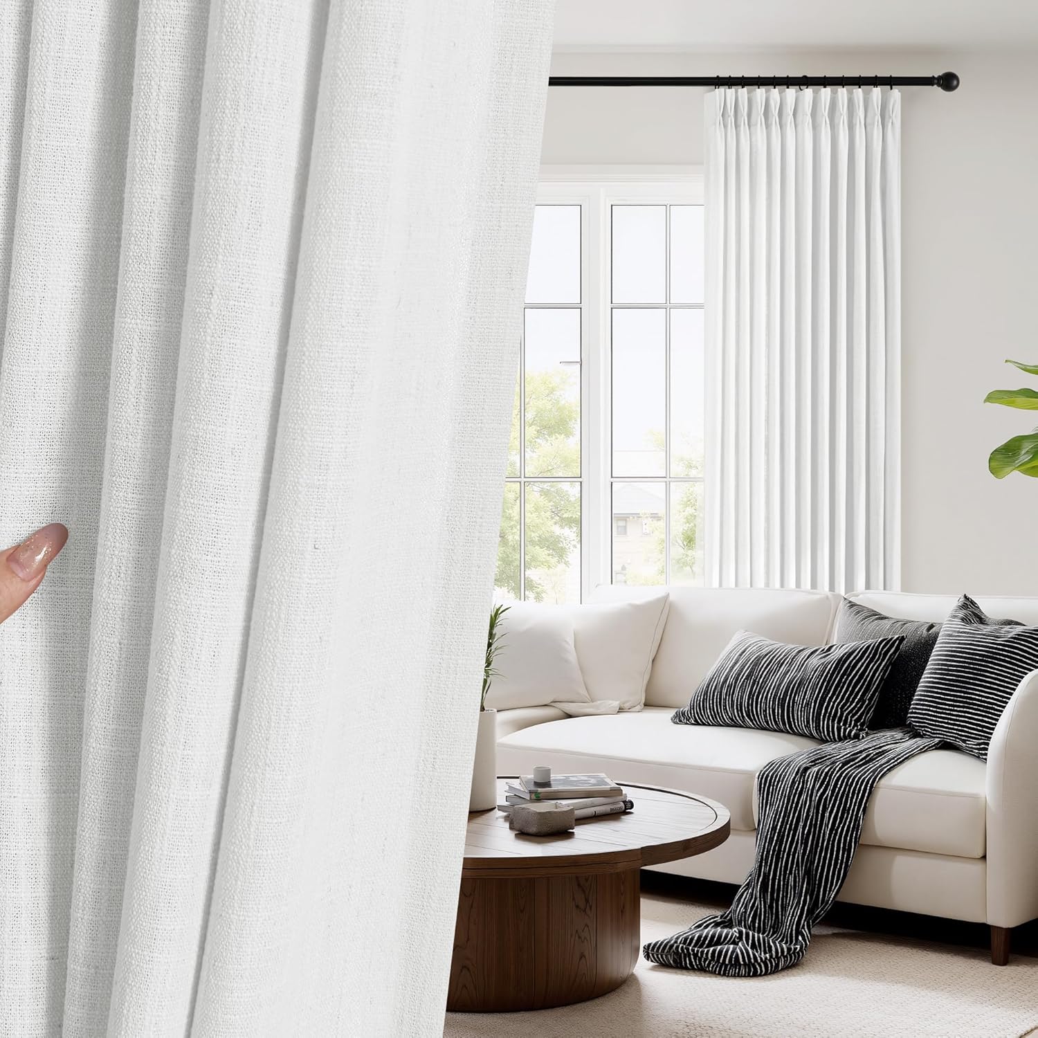 PONY DANCE Off White Linen Curtains 96 Inches Long 2 Panels Set for Living Room, Natural Thick Linen Flax Pinch Pleated Memory Trained Light Filtering Semi Sheer Curtain for Dining Bedroom Office