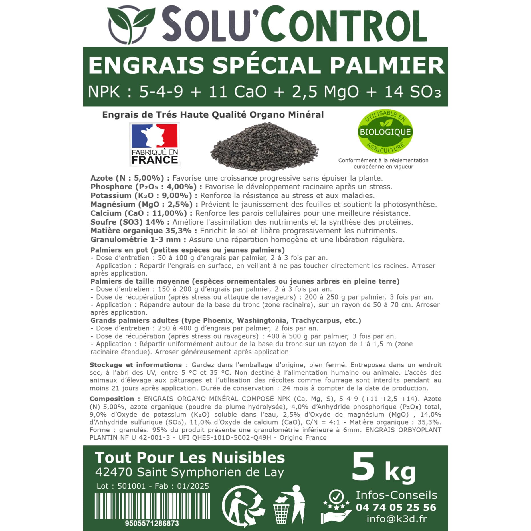 Engrais Spécial Palmier 5 kg - SoluControl - Formulation haute qualité Organo-Minerale - Idéal après attaque du charancon rouge ou du papillon du palmier.