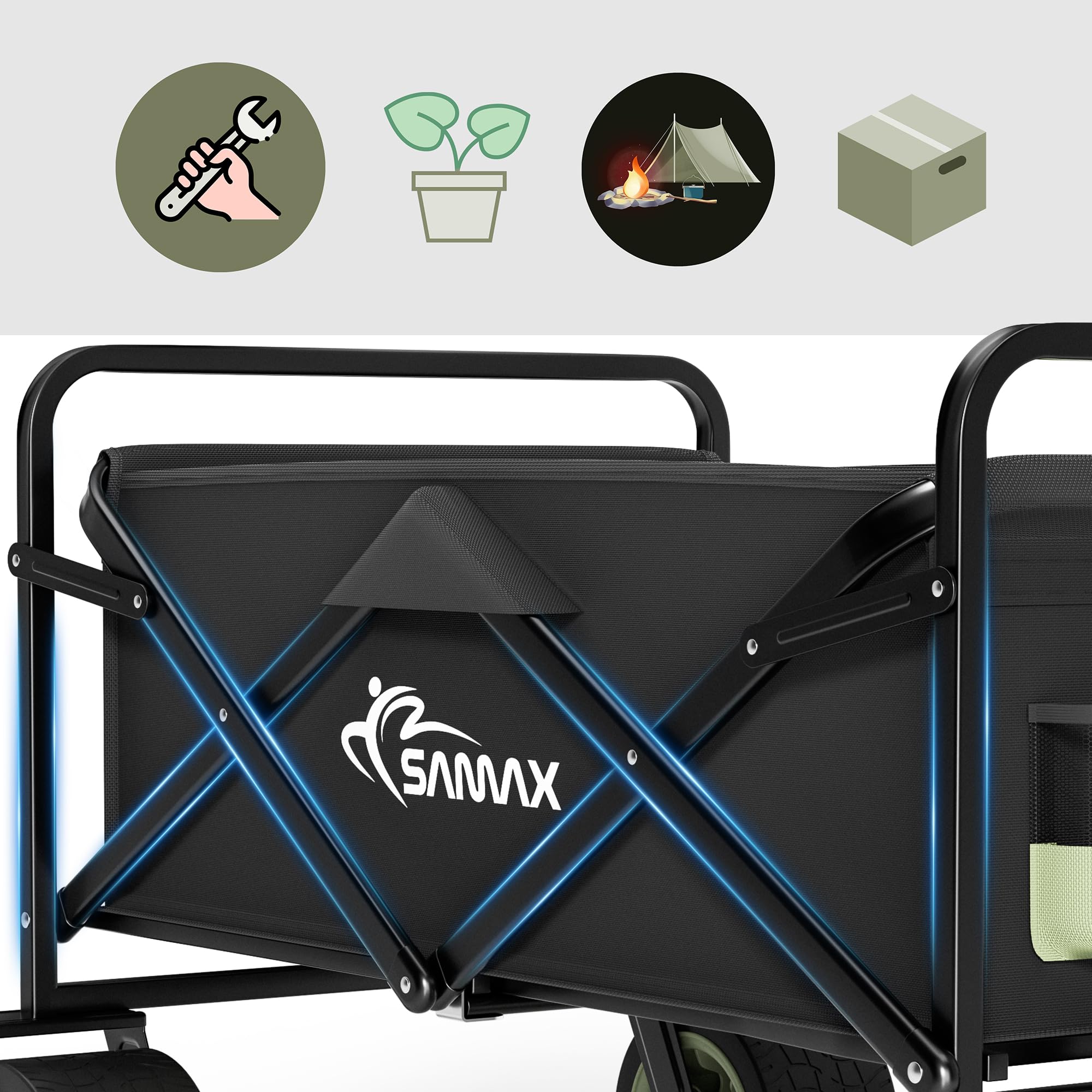 SAMAX Bollerwagen bis 200kg 2in1 Faltbarer Handwagen Gartenwagen Offroad Transportwagen Schwarz Matcha Grün