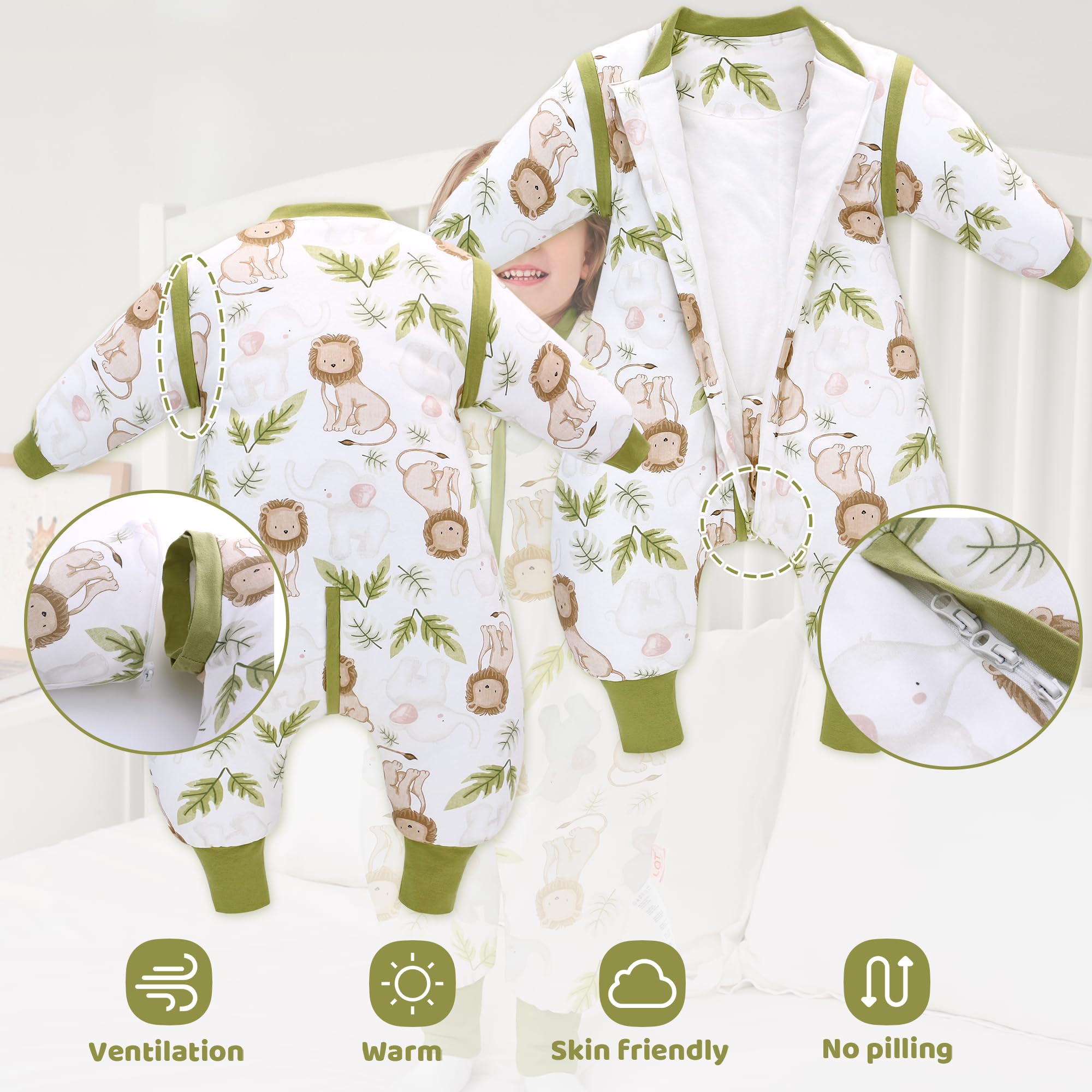 LAT Sacco Nanna Invernale, 2.5 Tog Sacco Nanna con Piedini e Maniche Staccabili, Sacco a Pelo in Cotone con Cerniera a 3 Vie per Bambini