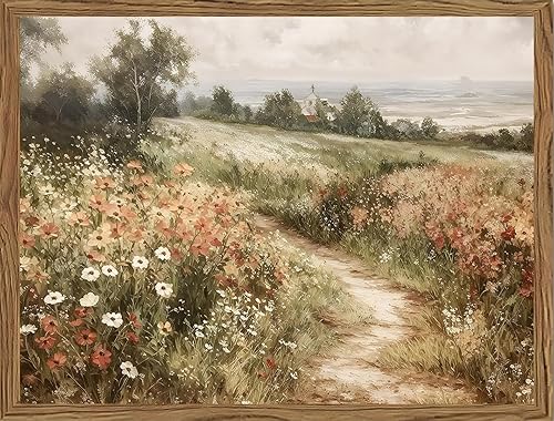 Lienzo enmarcado de madera vintage, pinturas de flores silvestres de campo de la naturaleza, arte de pared, cuadros de granja, arte moderno, arte de