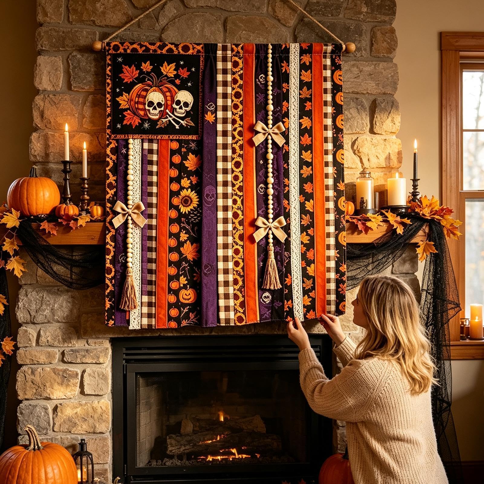 Banner Halloween Per 68 x 76 cm Estetica Rustica Con Zucche E Fantasmi | Banner Da Parete Halloween Decorazione Autunnale Per Porta Per Casa Soggiorno Cucina Ingresso Festa Autunnale