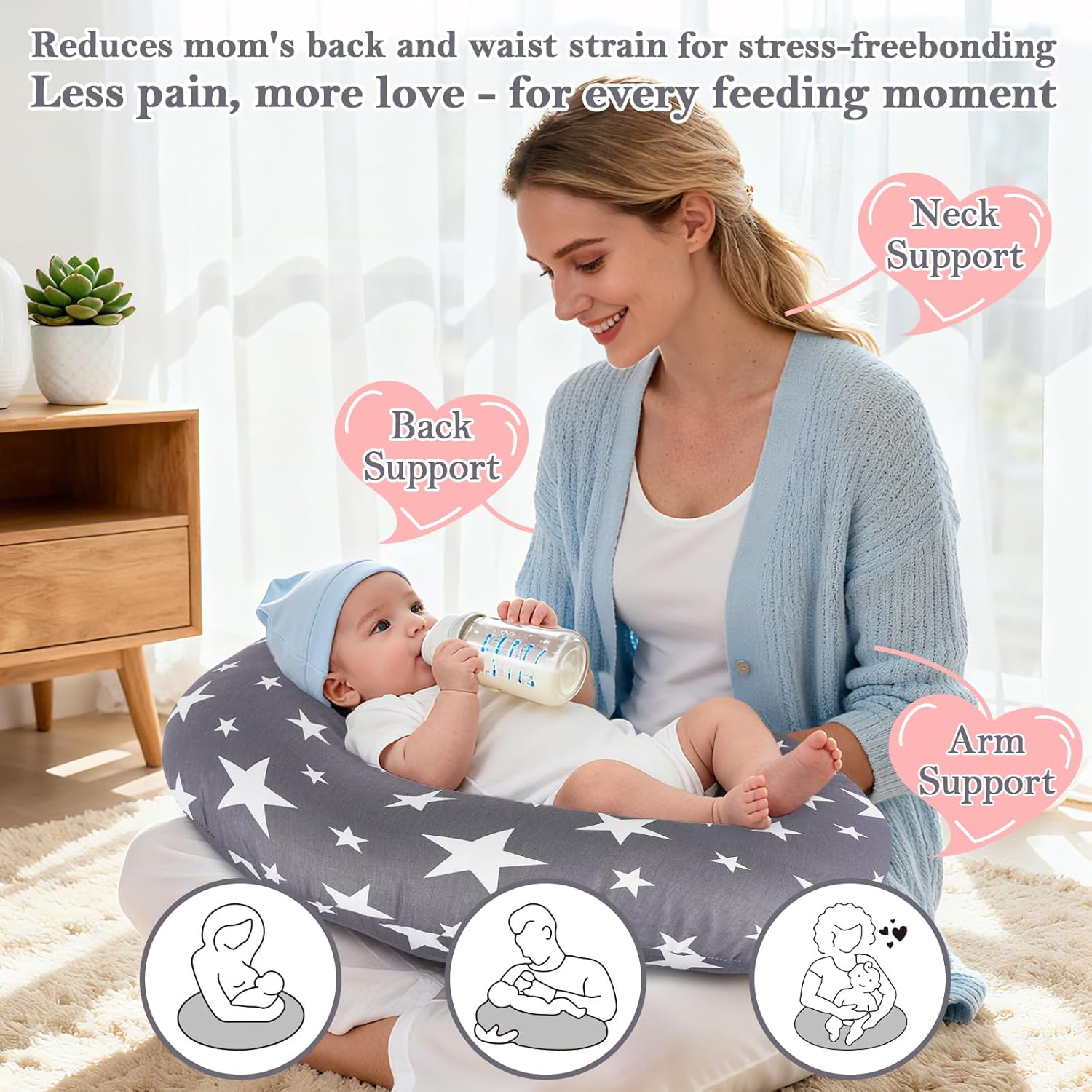 Nursing Pillow, Breastfeeding & Bottle Feeding Pillow – Standard Size, Breathable with Washable Cover, Hypoallergenic, Tummy Time & Sitting Support (0-12 Months)