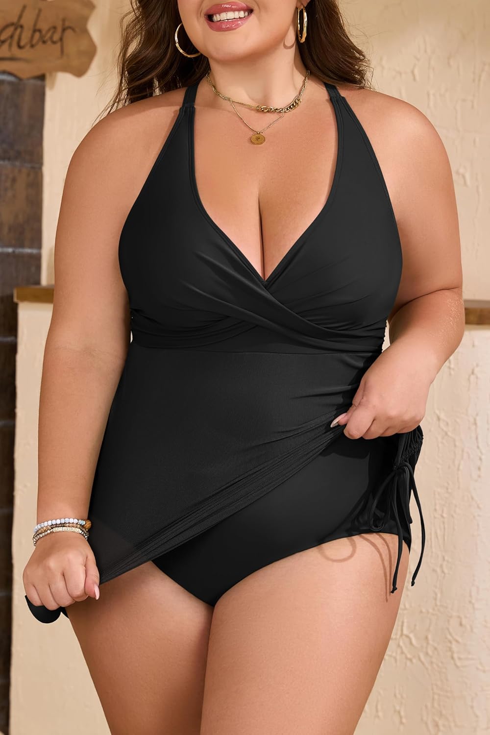 B2prity Women's Plus Size One Piece Swimdress Swimsuit Tummy Control Slimming Swim Dress Mesh Drawstring Skirted Bathing Suit - Image 3