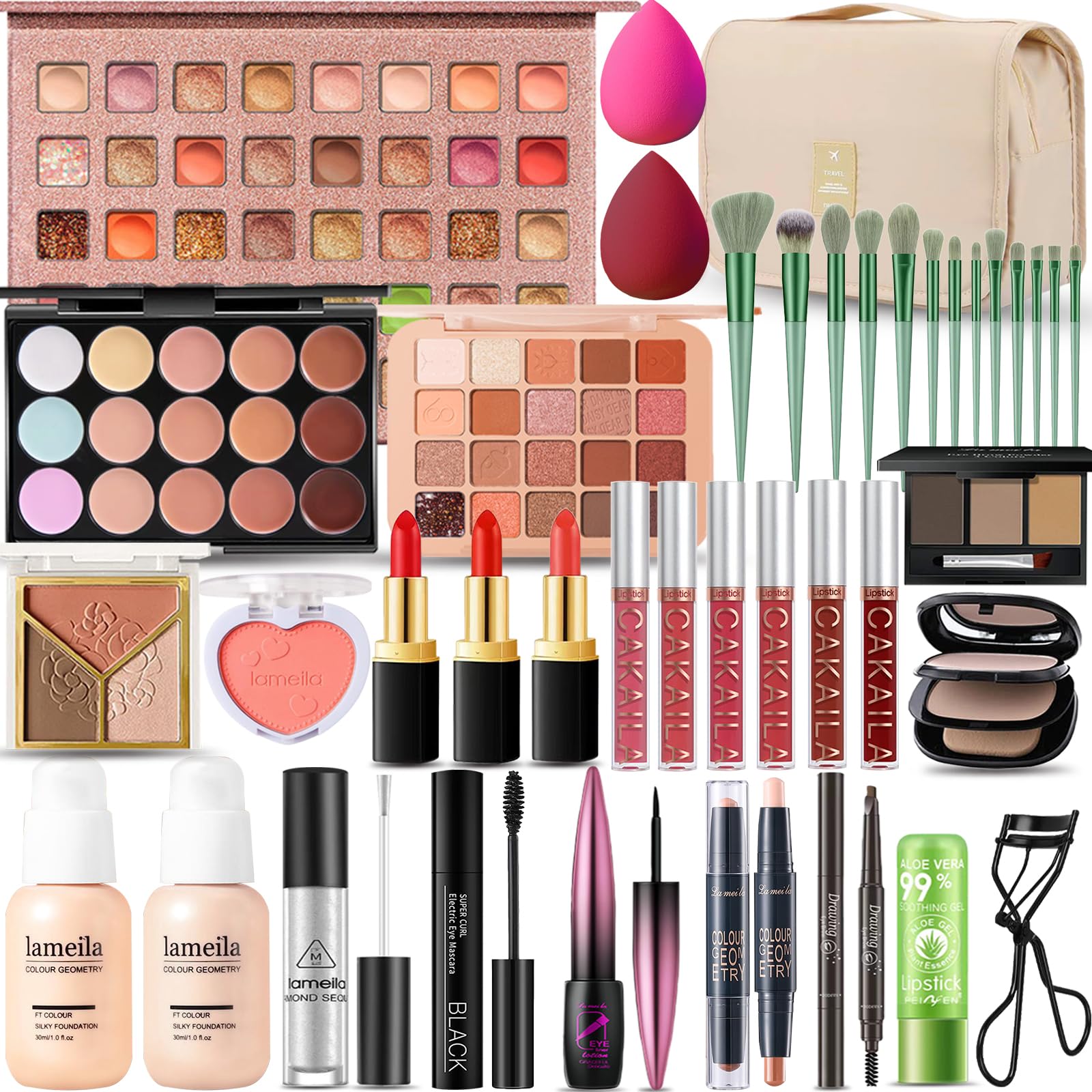 All in One Makeup Kit for Women Full Kit, Professional Travel Makeup Kit for Women & Teens, Foundation Eyeshadow Lipstick Brow Pencil Eyeliner Contour Powder, Complete Make Up Gift Set for Beginners