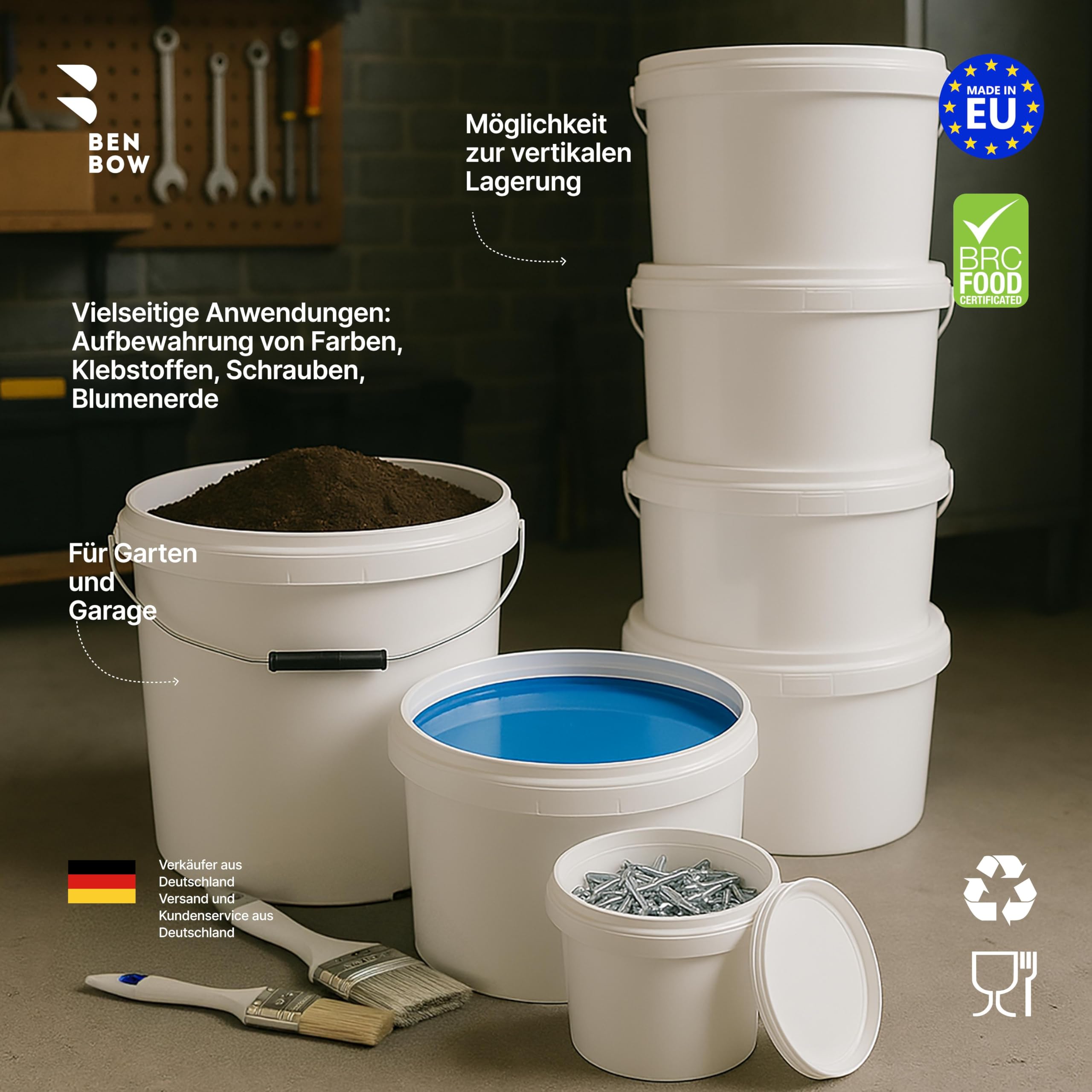 BenBow - Cubo con Tapa, 5 x 30 litros Color Blanco - Apto para Alimentos Estable hermético a Prueba de Fugas Inodoro - Recipiente de plástico con Mango de Metal - vacío - contenedor de - Domicilio