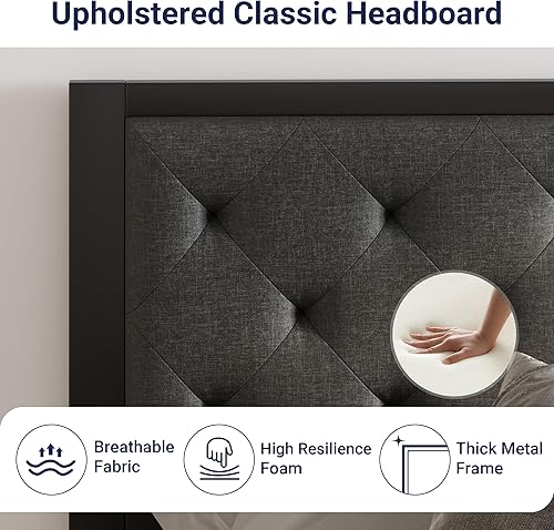 Miniatura 4 de Allewie Base de cama Queen con cabecera tapizada, diseño elegante copetudo cosido de diamante, no necesita somier, gris oscuro